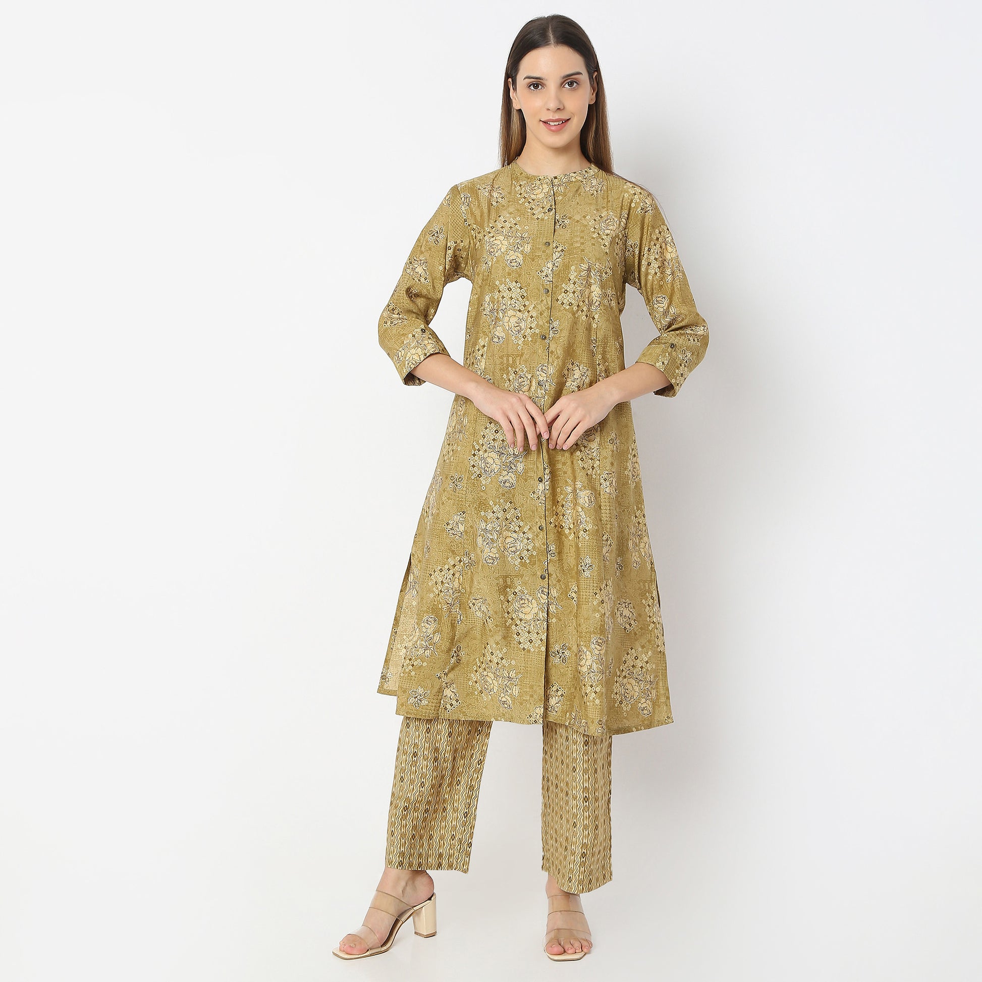 A-Line Printed Band Collar Kurta with Pant Set