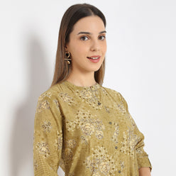 A-Line Printed Band Collar Kurta with Pant Set