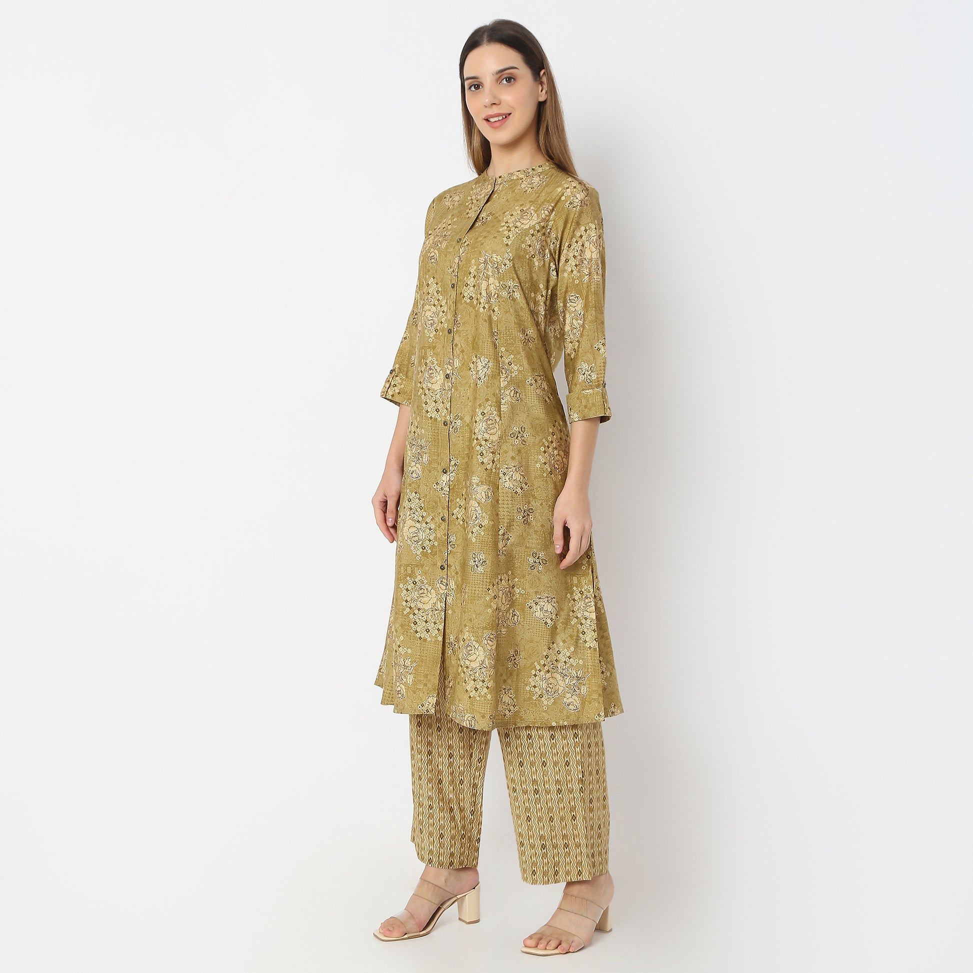 A-Line Printed Band Collar Kurta with Pant Set