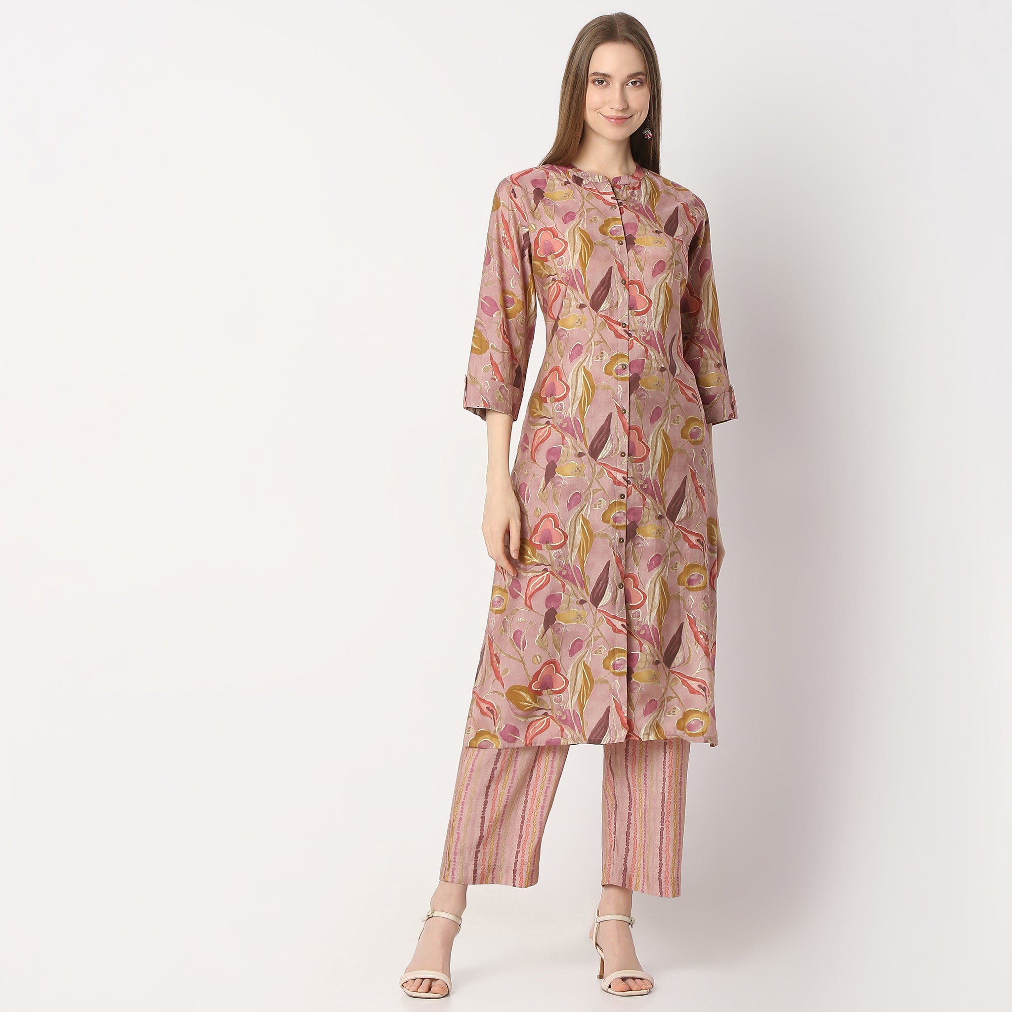 Regular Fit Printed Band Collar Kurta with Pant Set