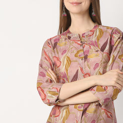 Regular Fit Printed Band Collar Kurta with Pant Set