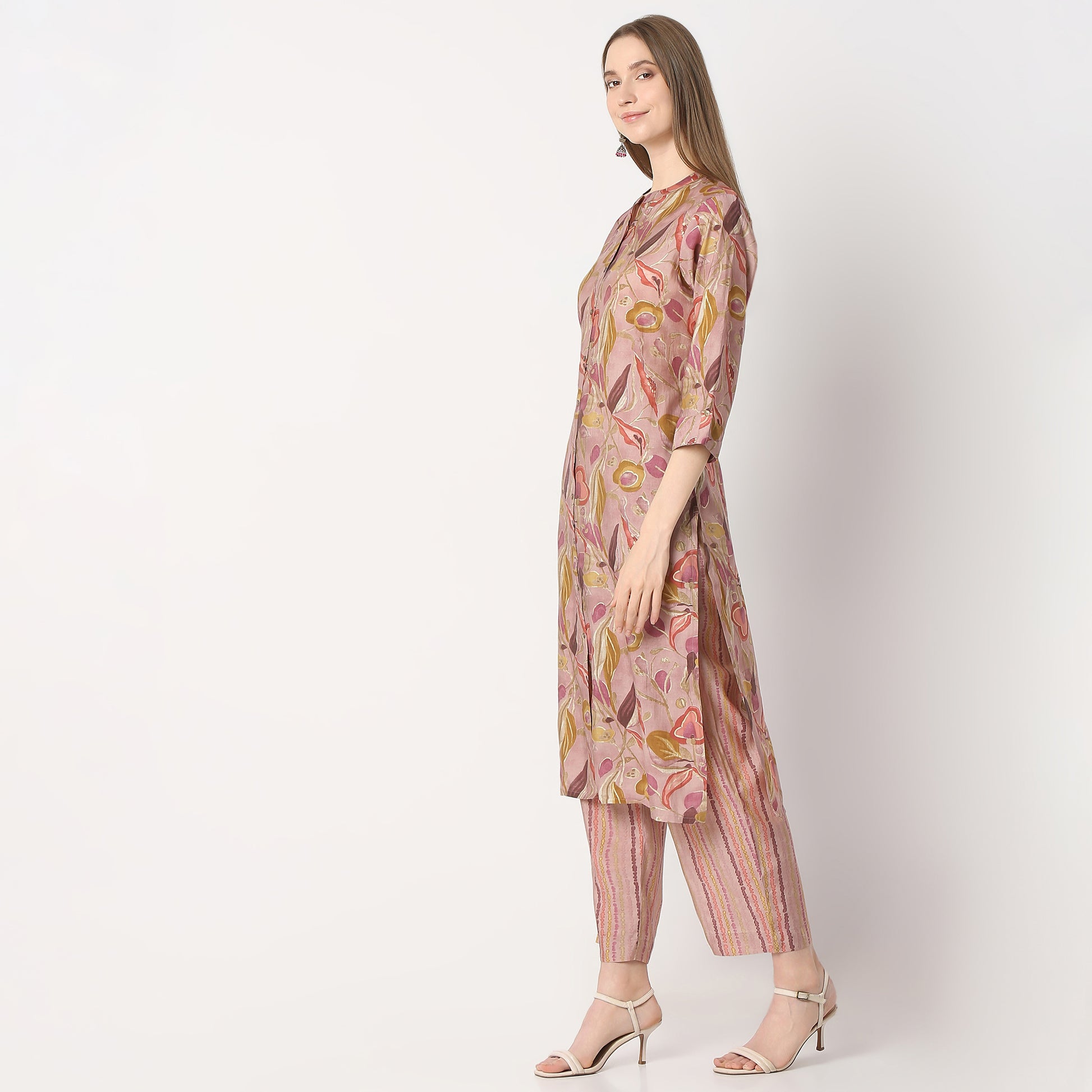 Regular Fit Printed Band Collar Kurta with Pant Set