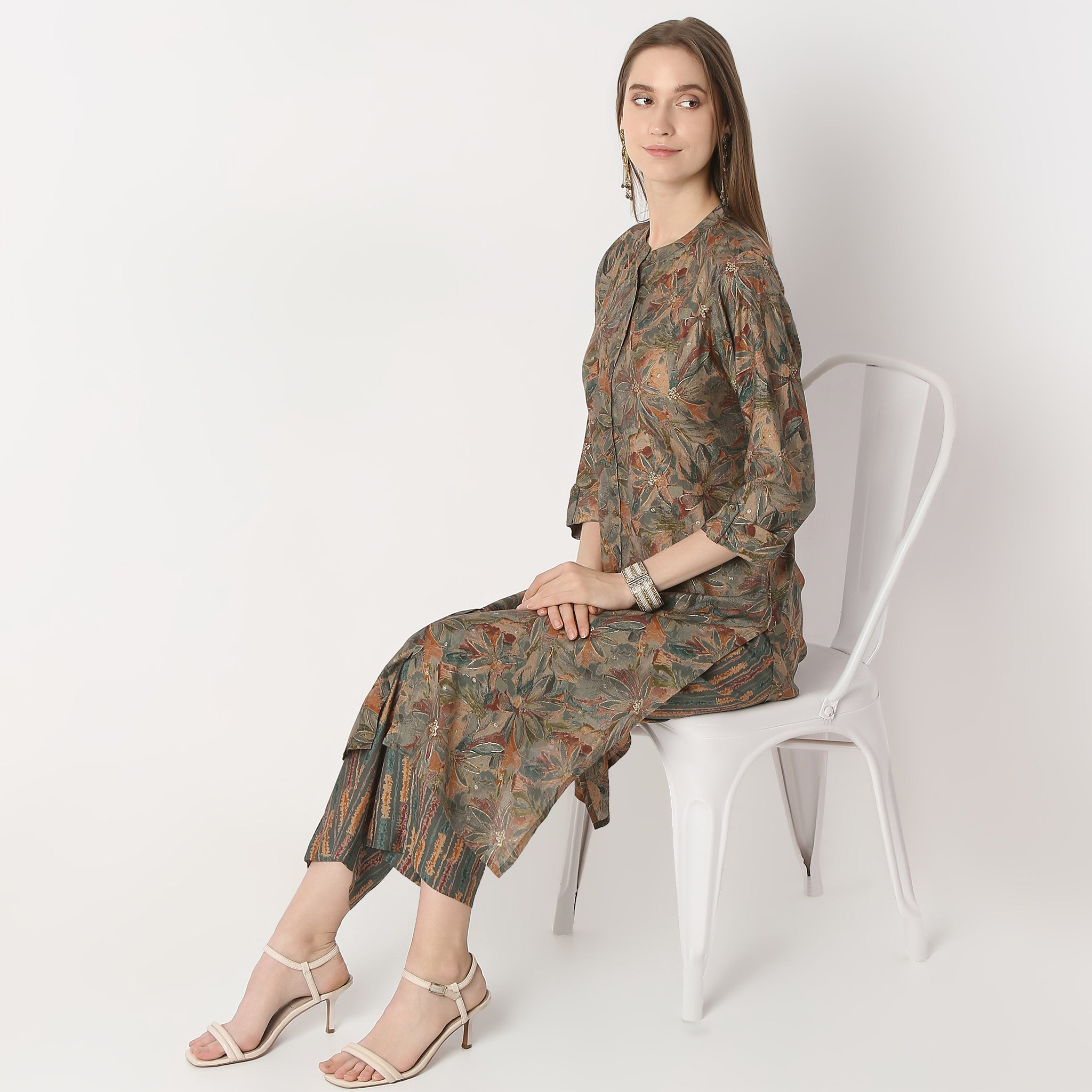 Regular Fit Printed Band Collar Kurta with Pant Set