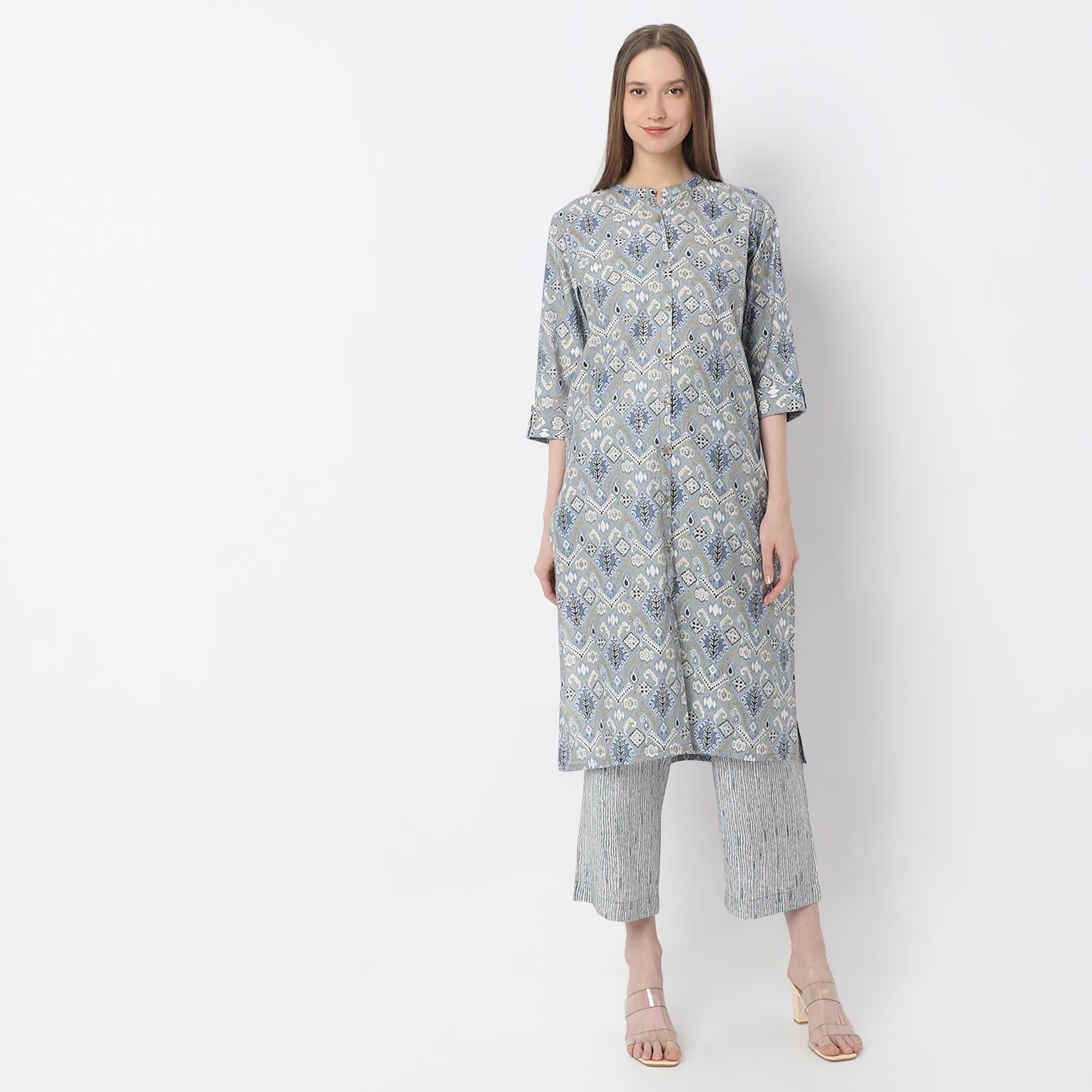 A-Line Printed Band Collar Kurta with Pant Set