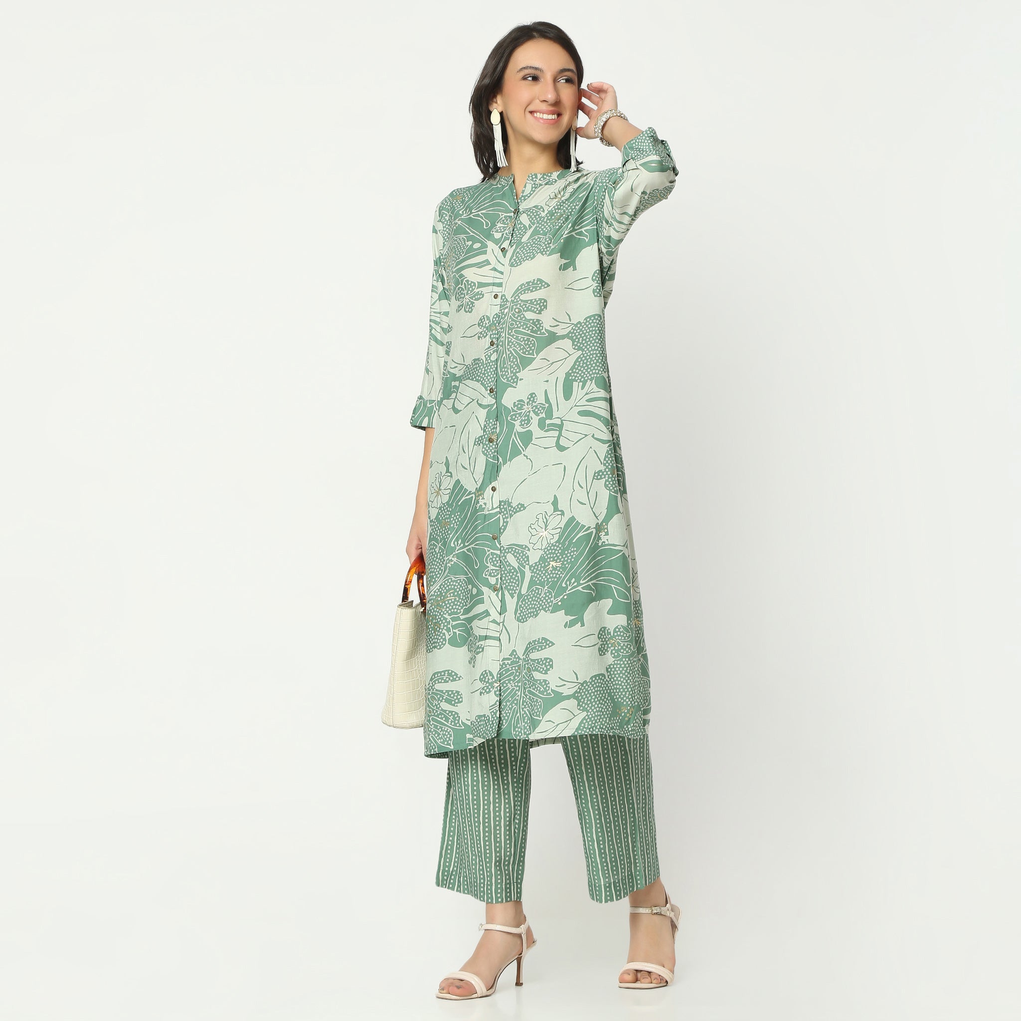Regular Fit Printed Band Collar Kurta with Pant Set
