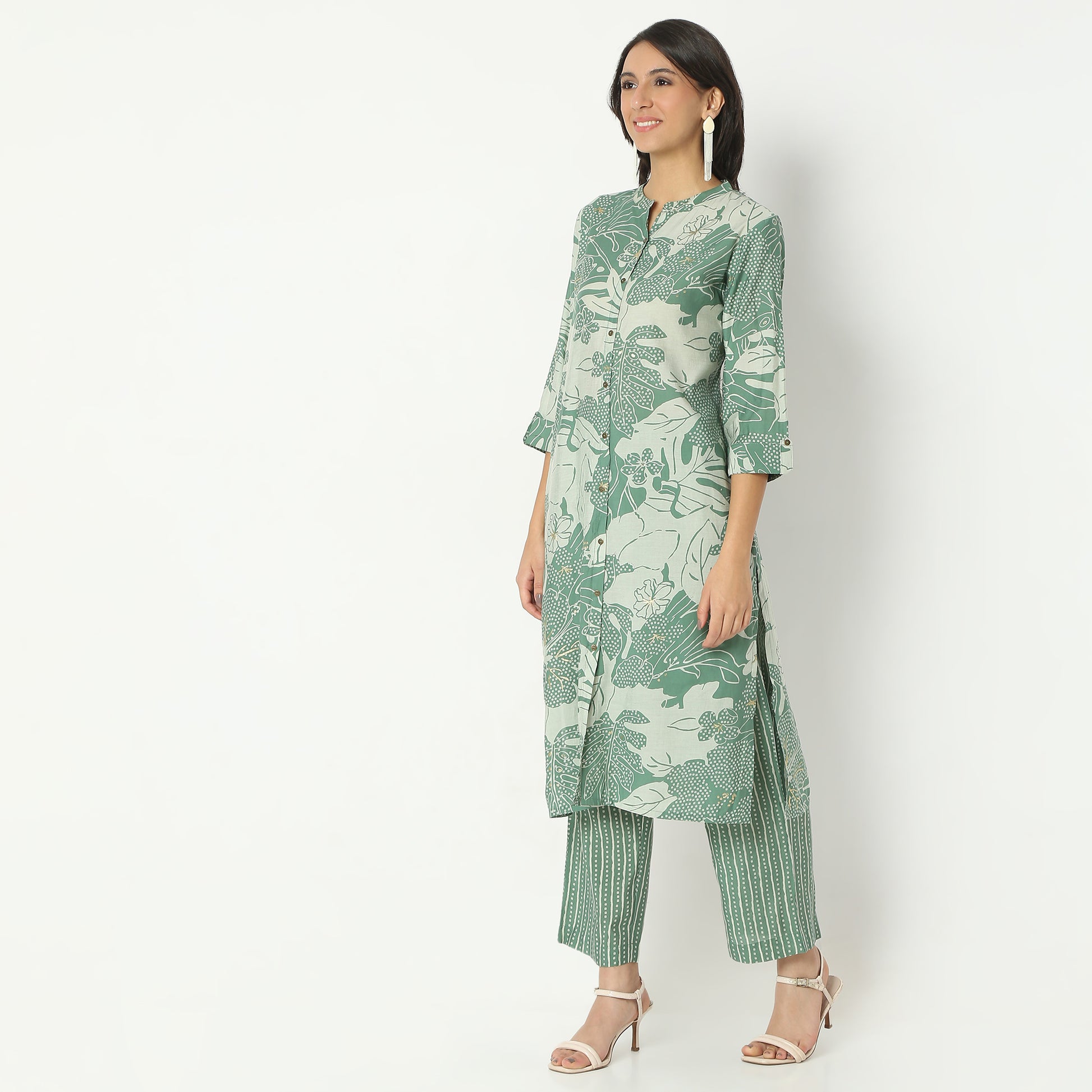 Regular Fit Printed Band Collar Kurta with Pant Set