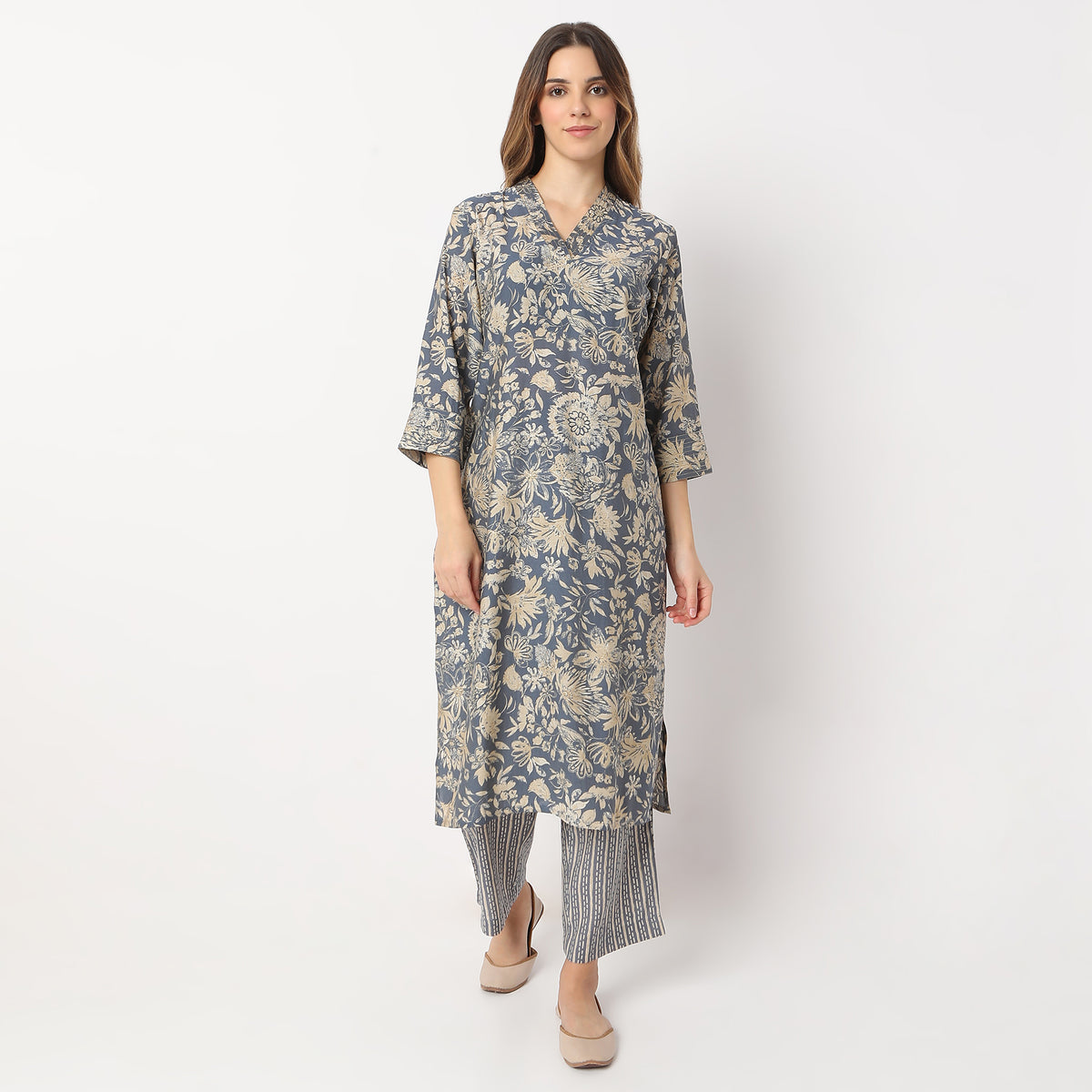 Printed Calf Length V Neck Straight Kurta with Pant Set