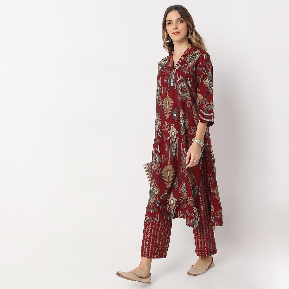 Printed Calf Length V Neck Straight Kurta with Pant Set