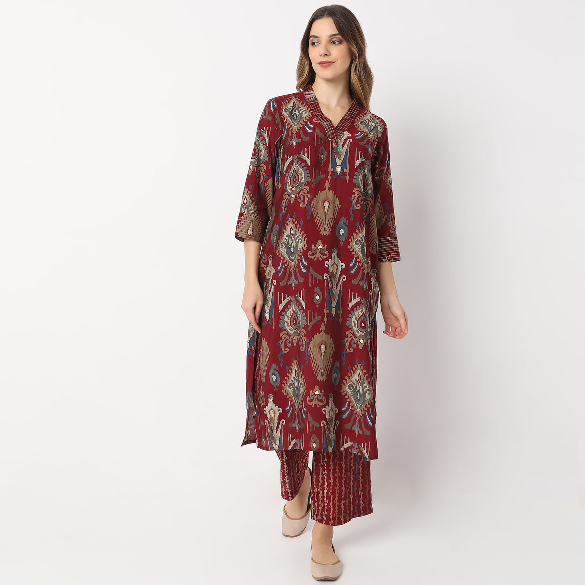 Printed Calf Length V Neck Straight Kurta with Pant Set