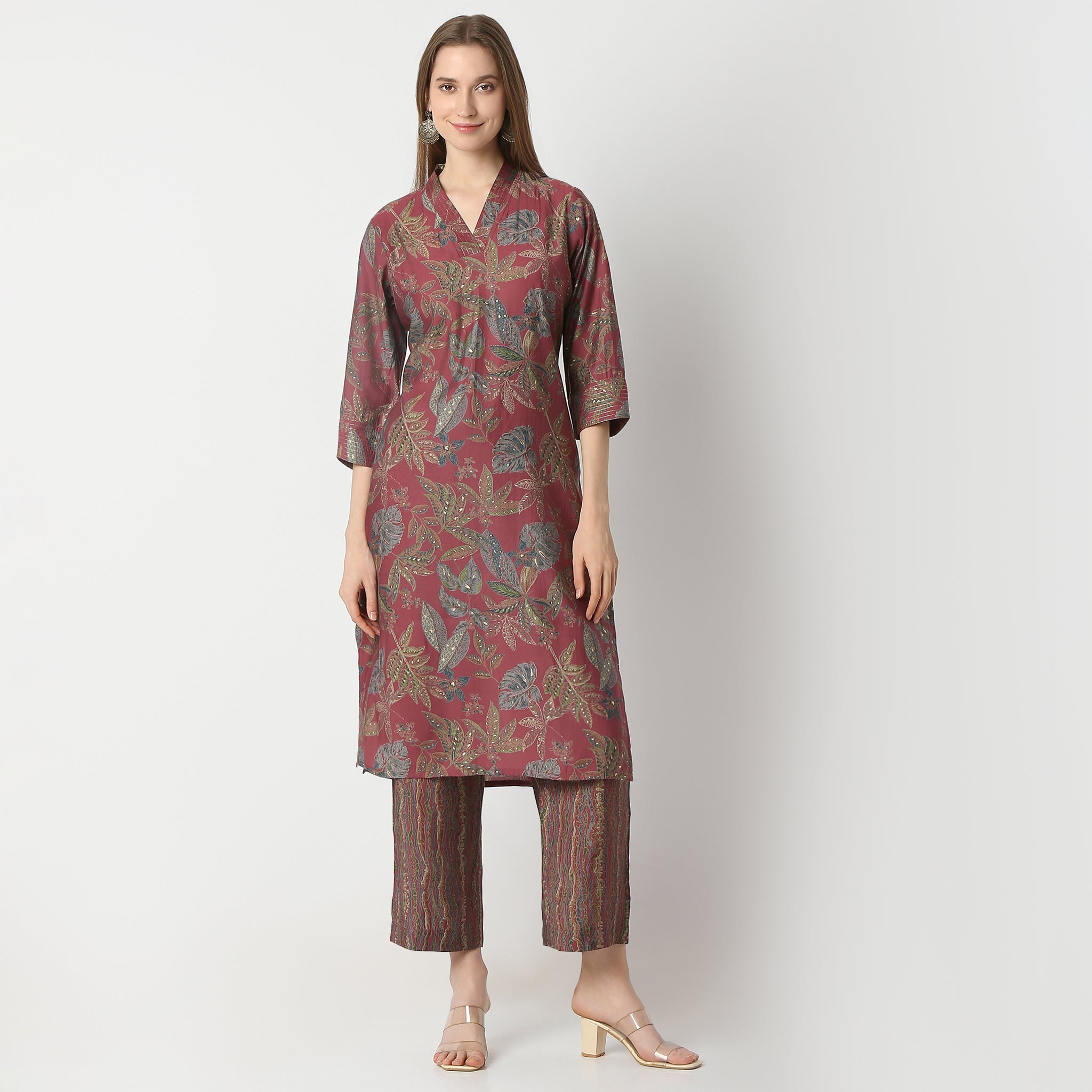 Regular Fit Printed V Neck Kurta with Pant Set