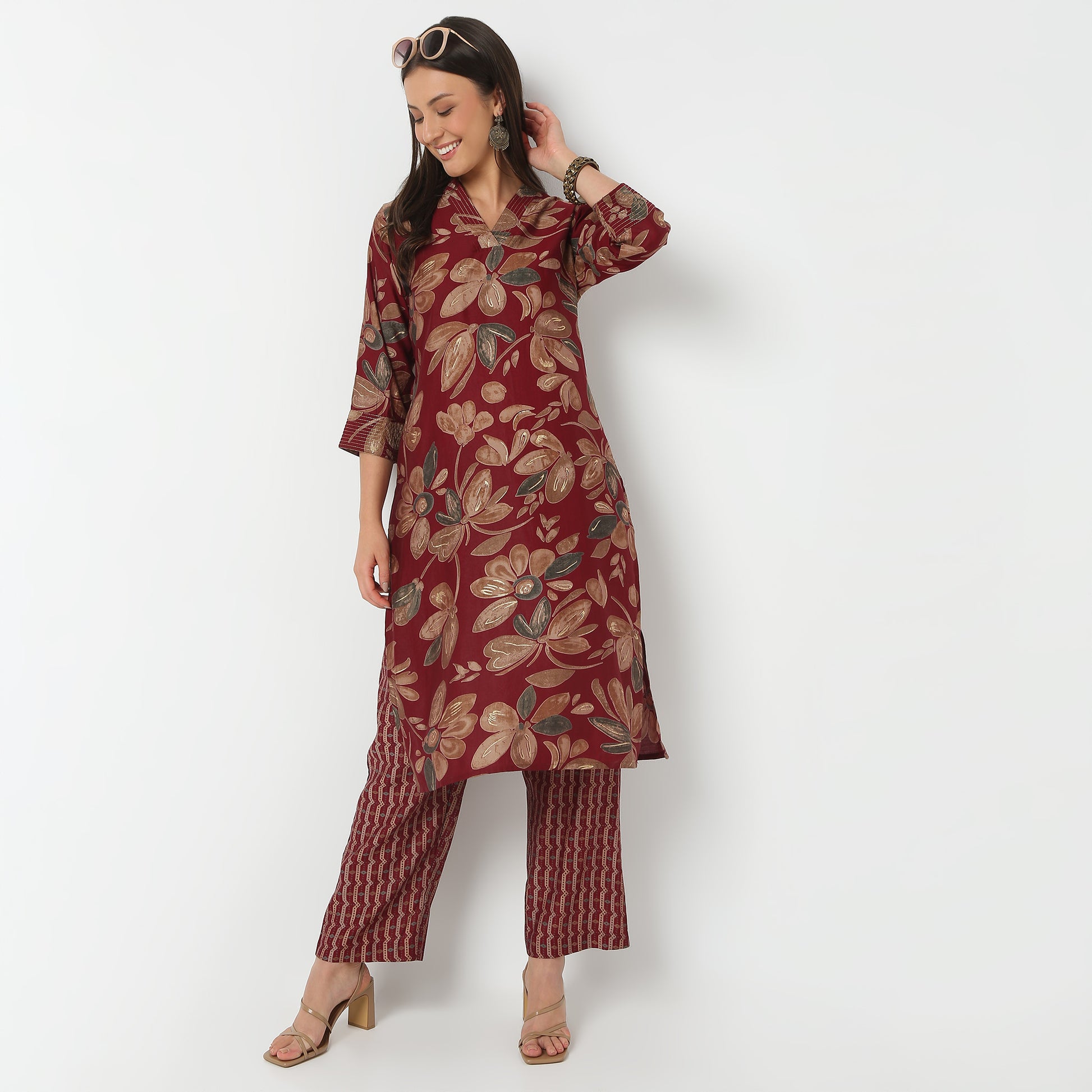 V-Neck Knee Length Three-Fourth Sleeve Printed Kurta with Pant Set