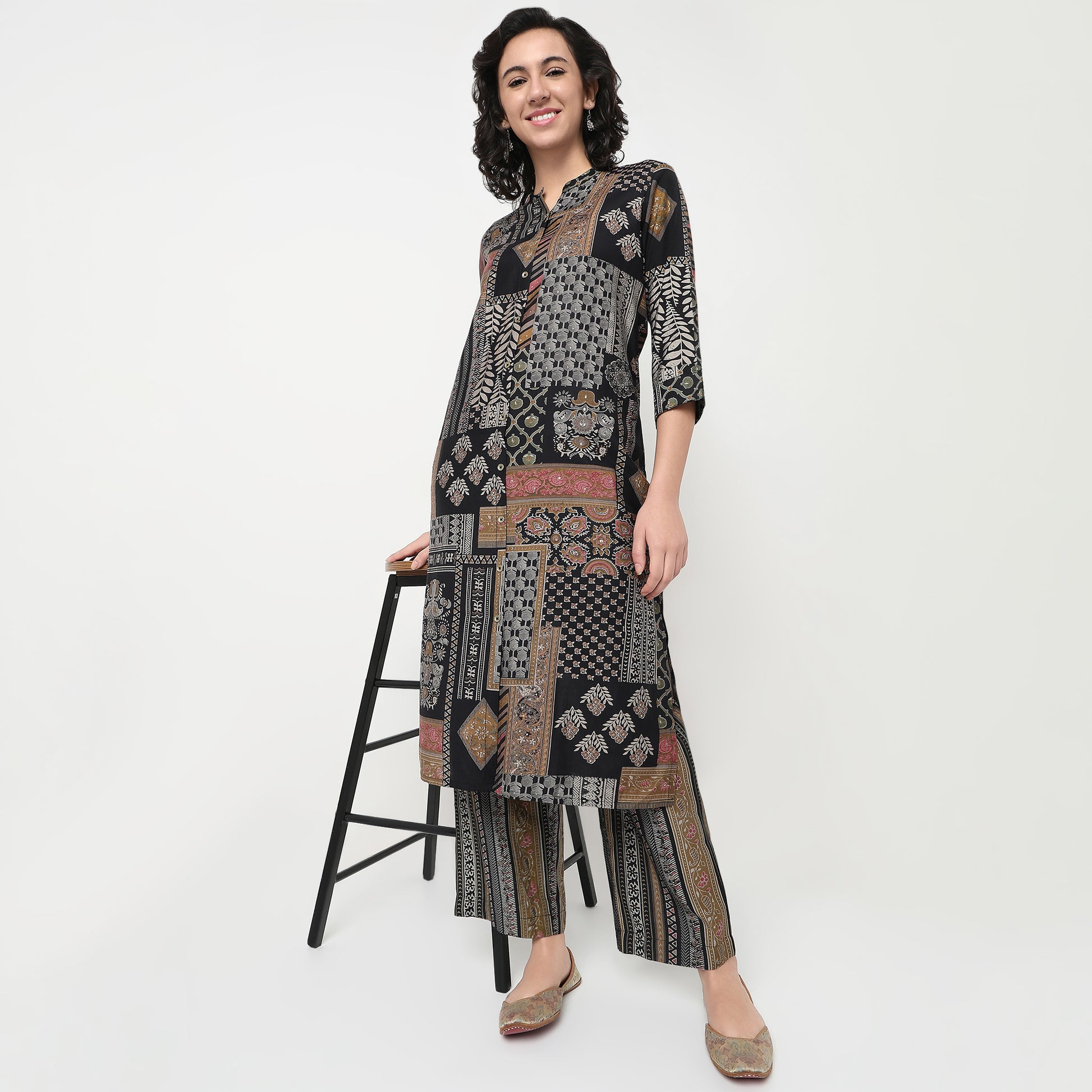 Order Now Women Print Band Neck Straight Regular Fit Mid Rise Ethnic Wear Kurta Set by Style Union