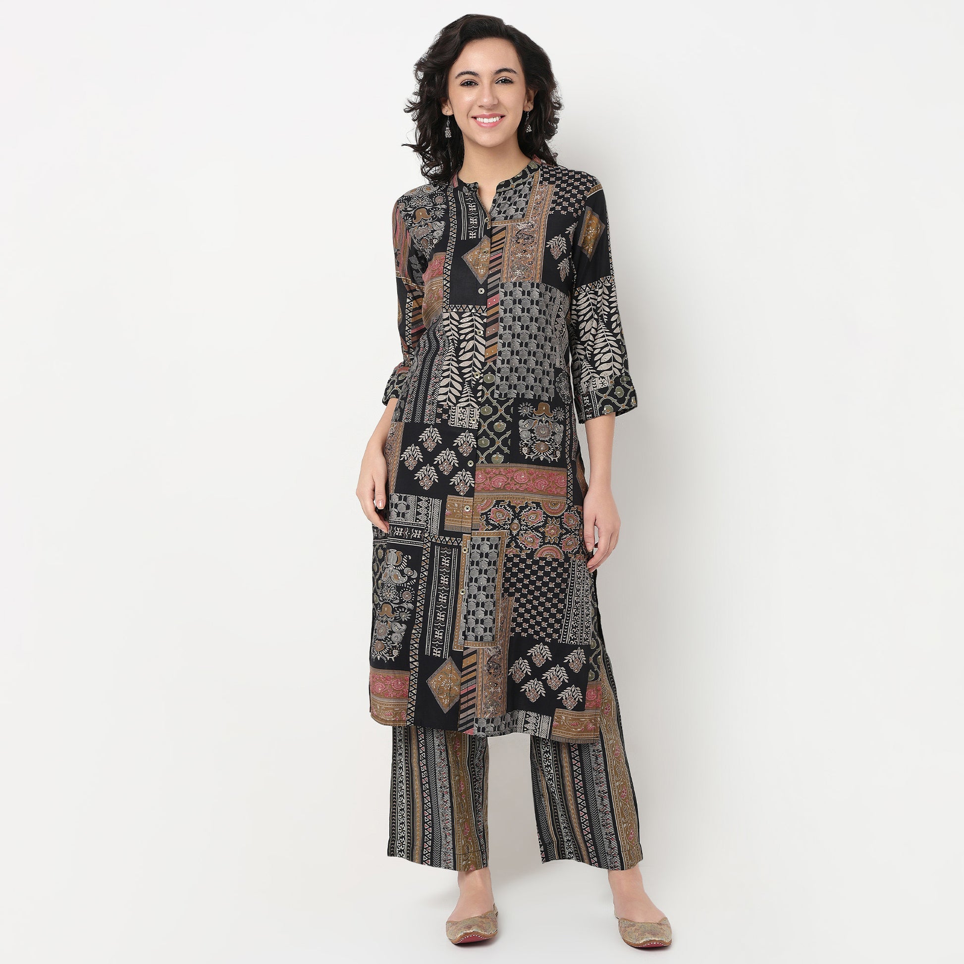 Order Now Women Print Band Neck Straight Regular Fit Mid Rise Ethnic Wear Kurta Set by Style Union