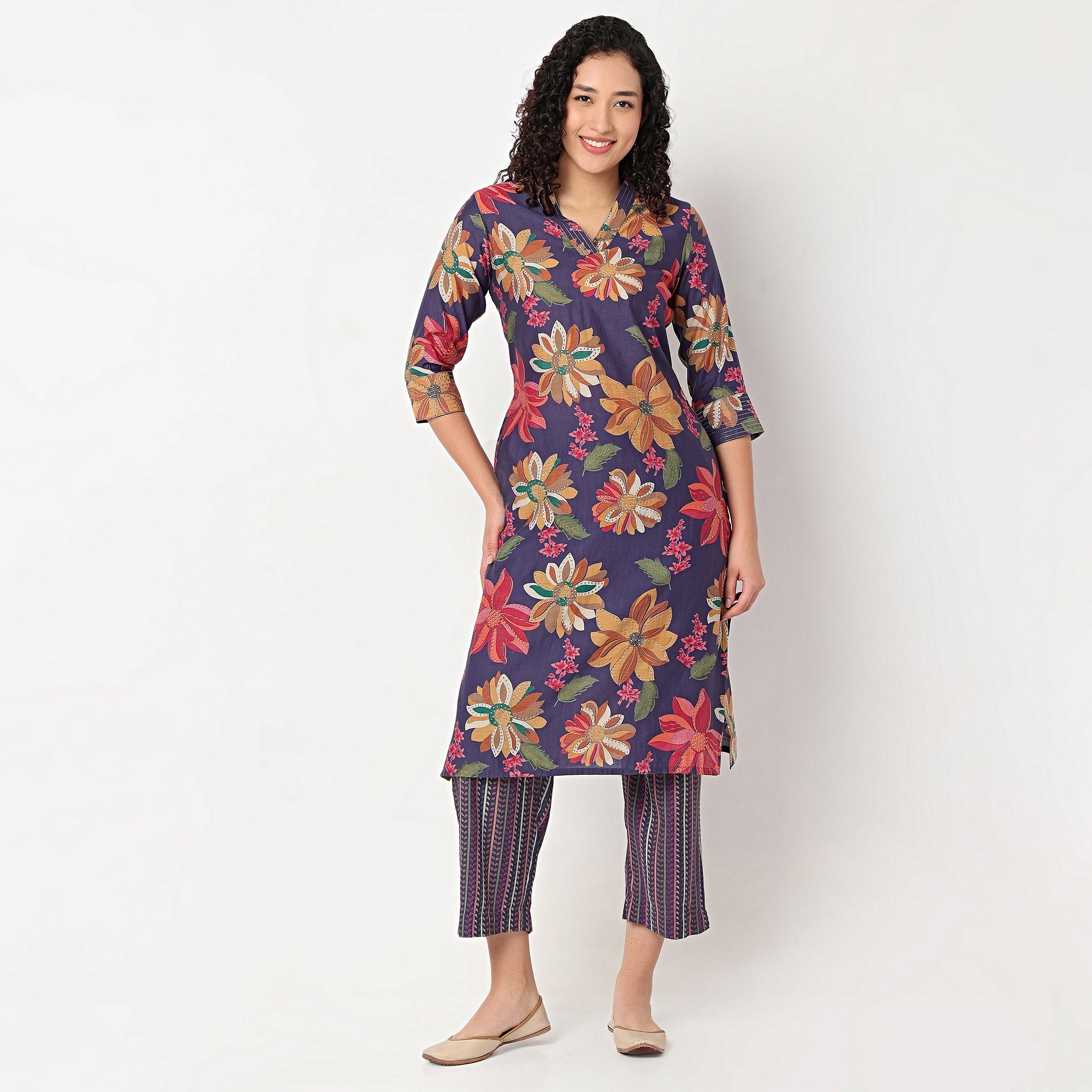 V-Neck Printed Kurta with Pant Set