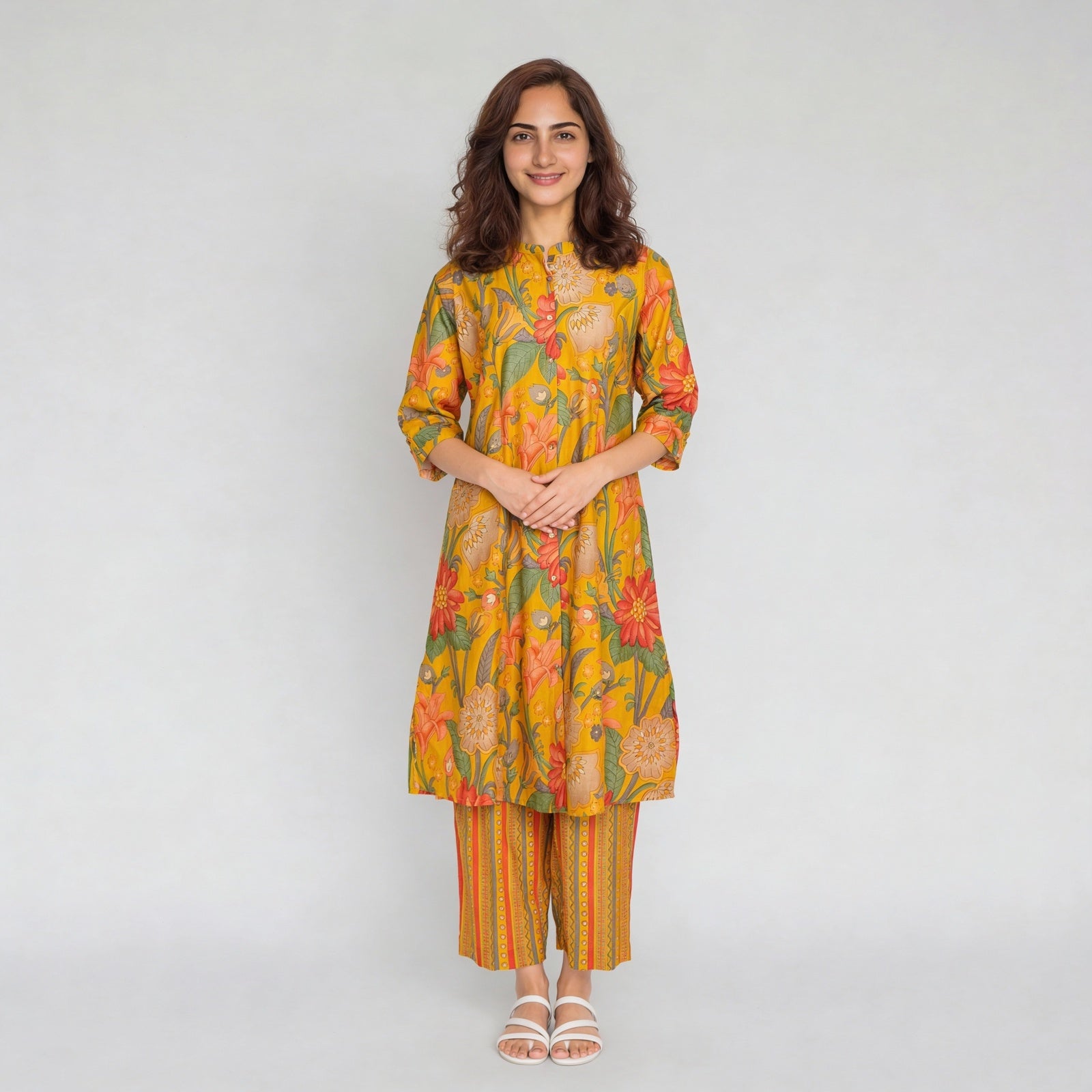 Viscose Muslin Printed Three-Fourth Sleeve Kurta with Pant Set