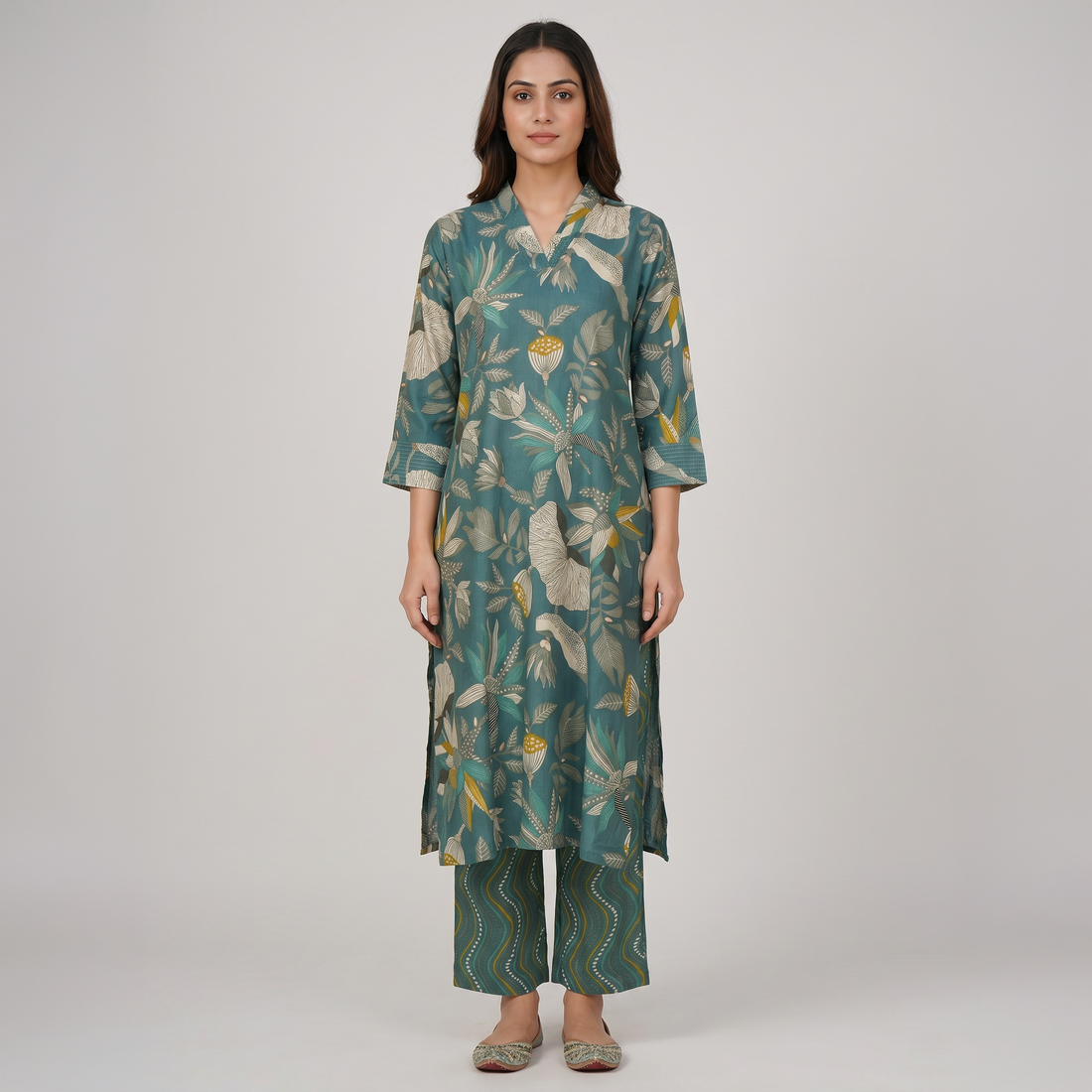 Printed V-Neck Kurta with Pant Set