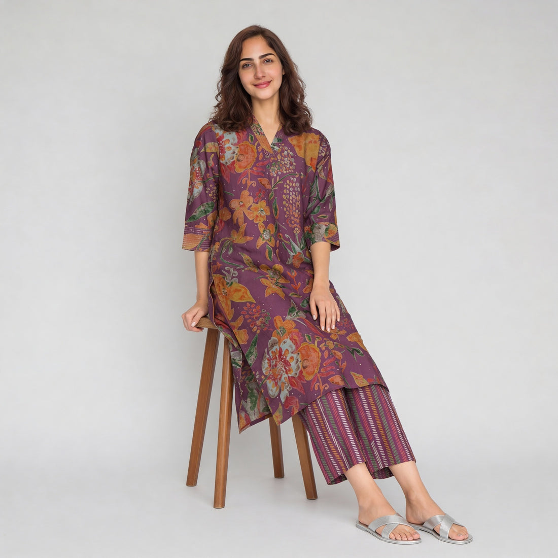 Printed V-Neck Straight Kurta with Pant Set