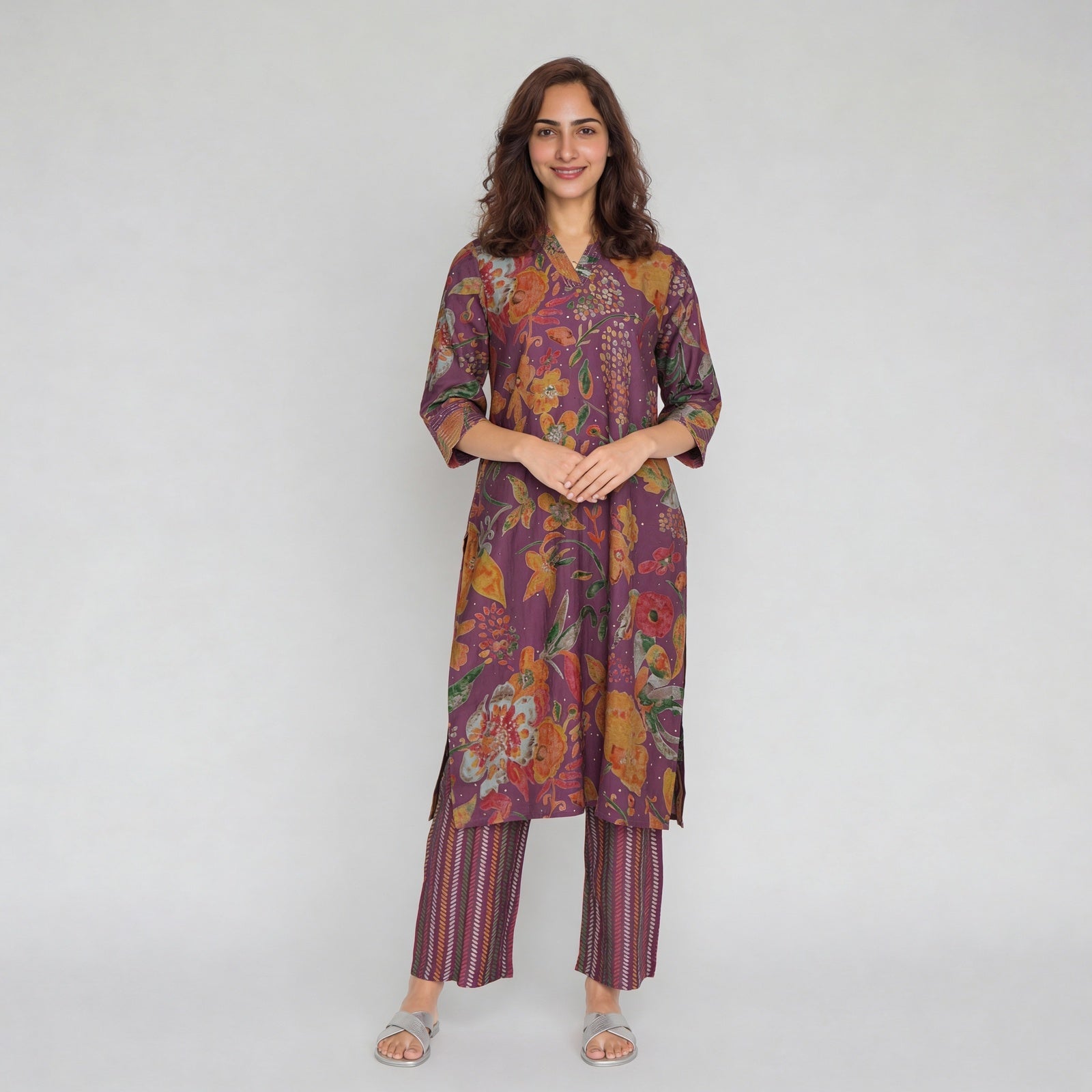 Printed V-Neck Straight Kurta with Pant Set
