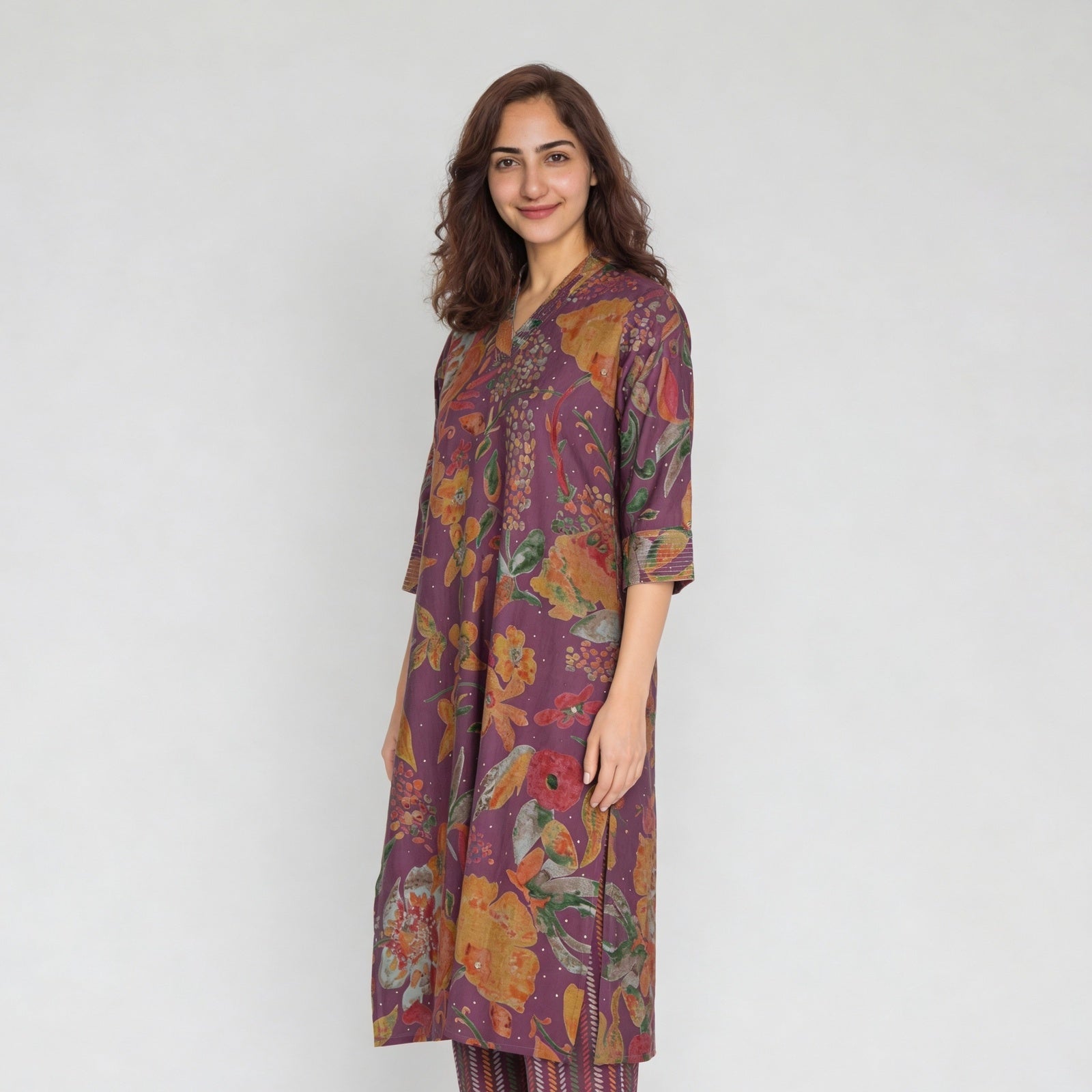 Printed V-Neck Straight Kurta with Pant Set
