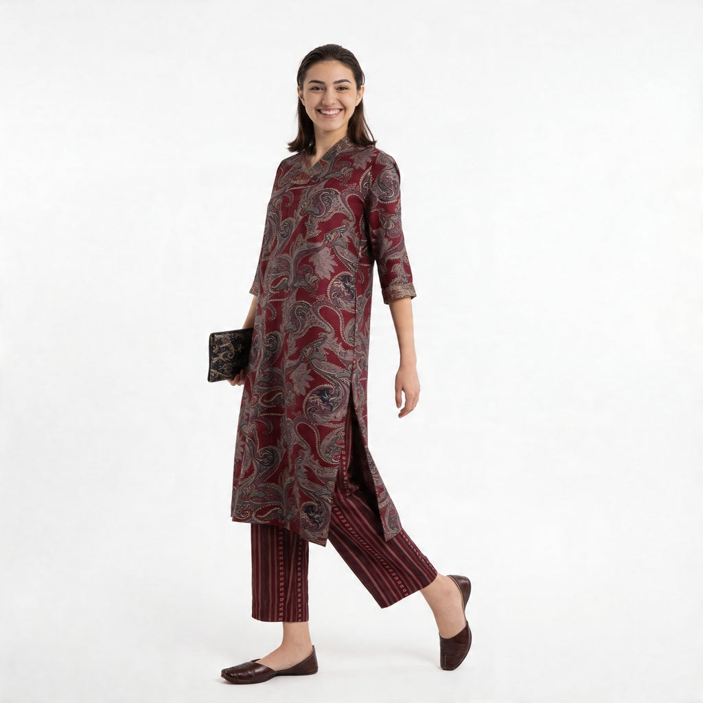 Printed V-Neck Straight Kurta with Pant Set