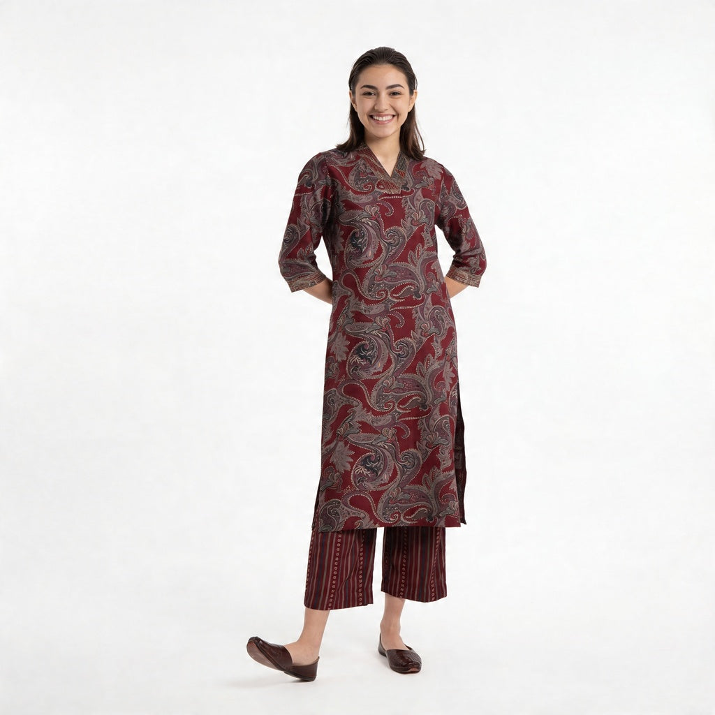 Printed V-Neck Straight Kurta with Pant Set