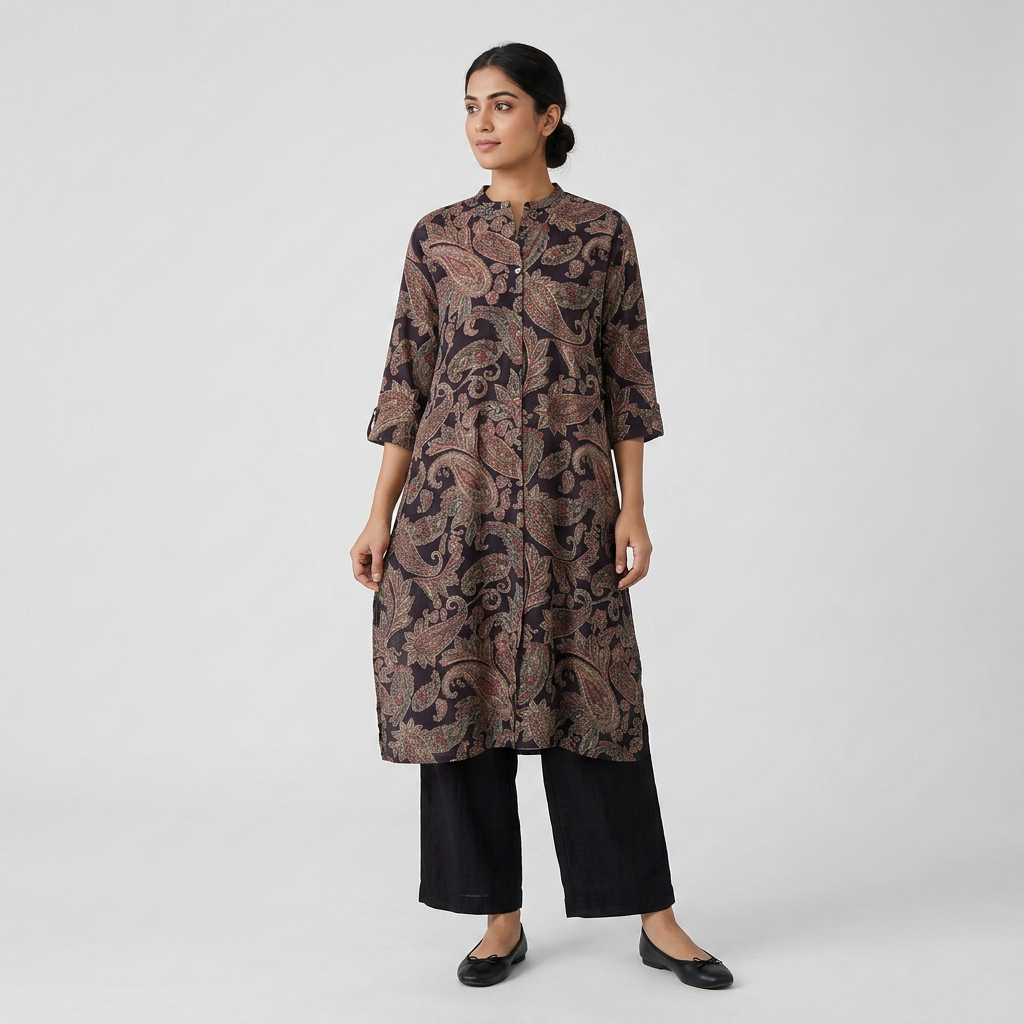 Printed Band Neck Kurta with Pant Set