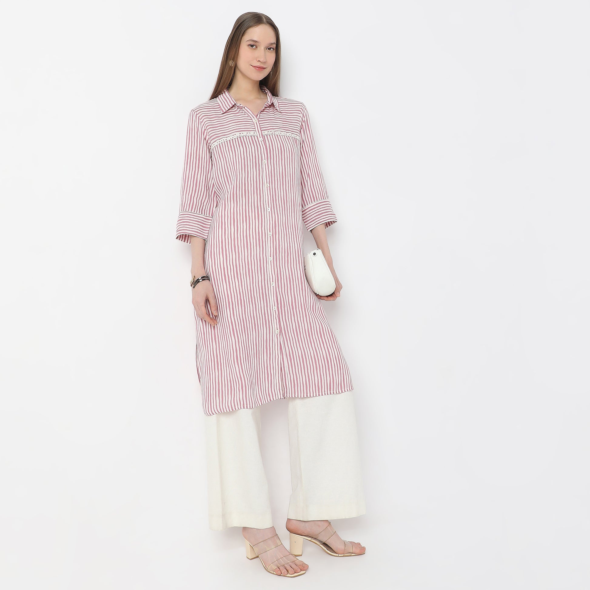 Striped Knee Length Coller Embroidered Straight Fit Kurta