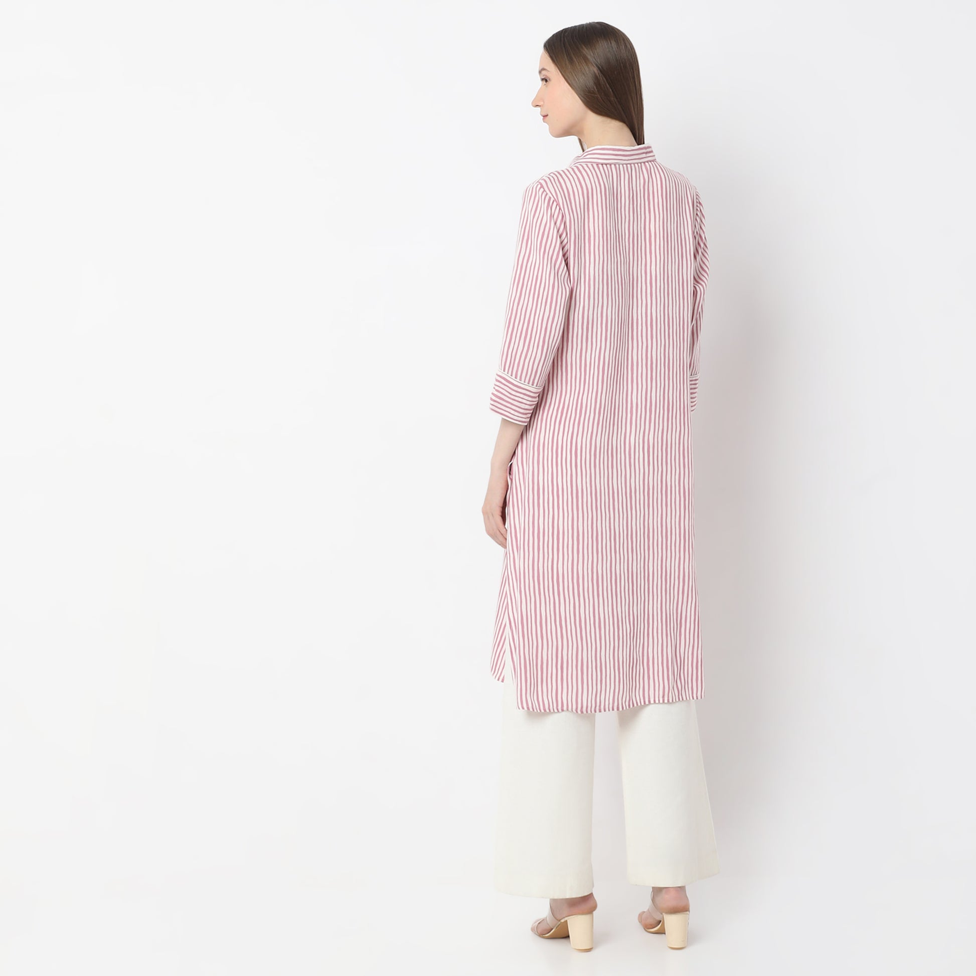 Striped Knee Length Coller Embroidered Straight Fit Kurta