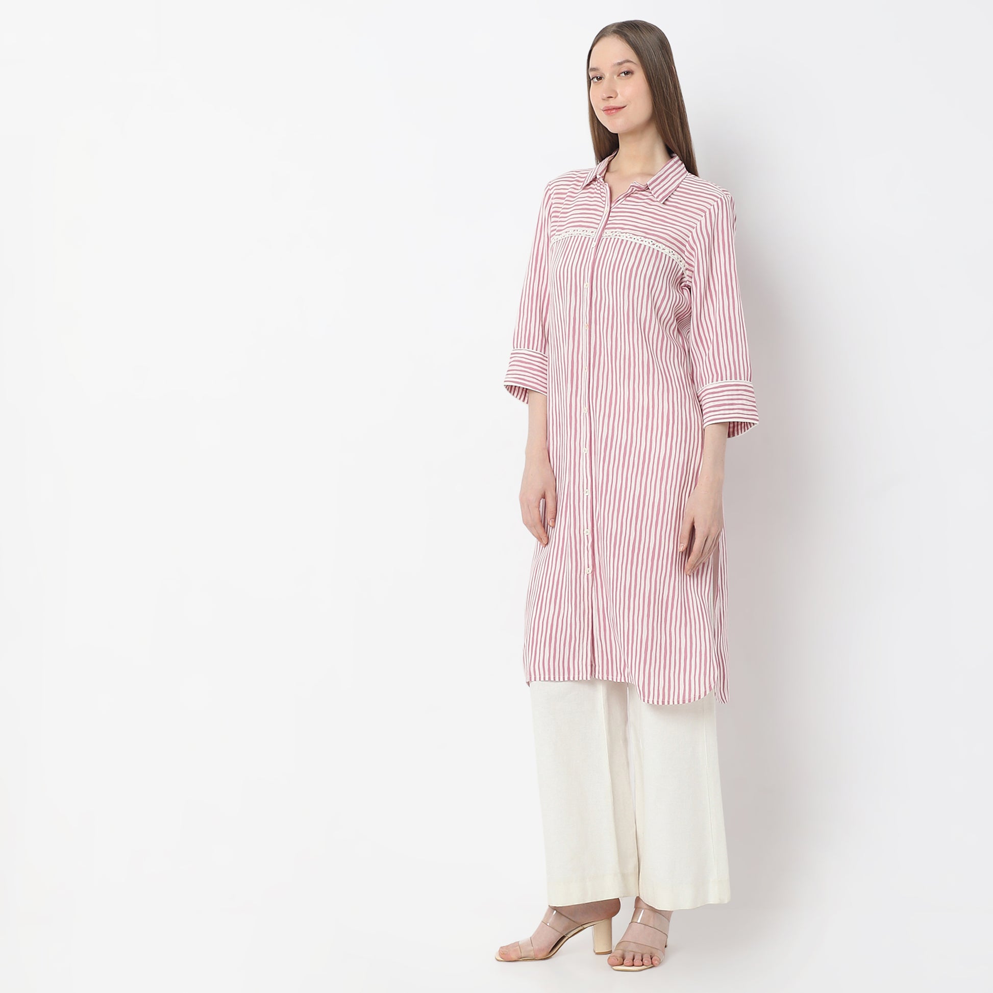 Striped Knee Length Coller Embroidered Straight Fit Kurta