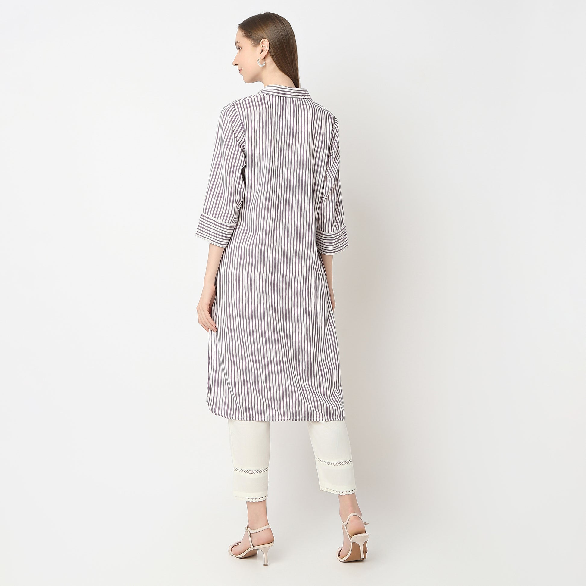 Striped Knee Length Coller Embroidered Straight Fit Kurta