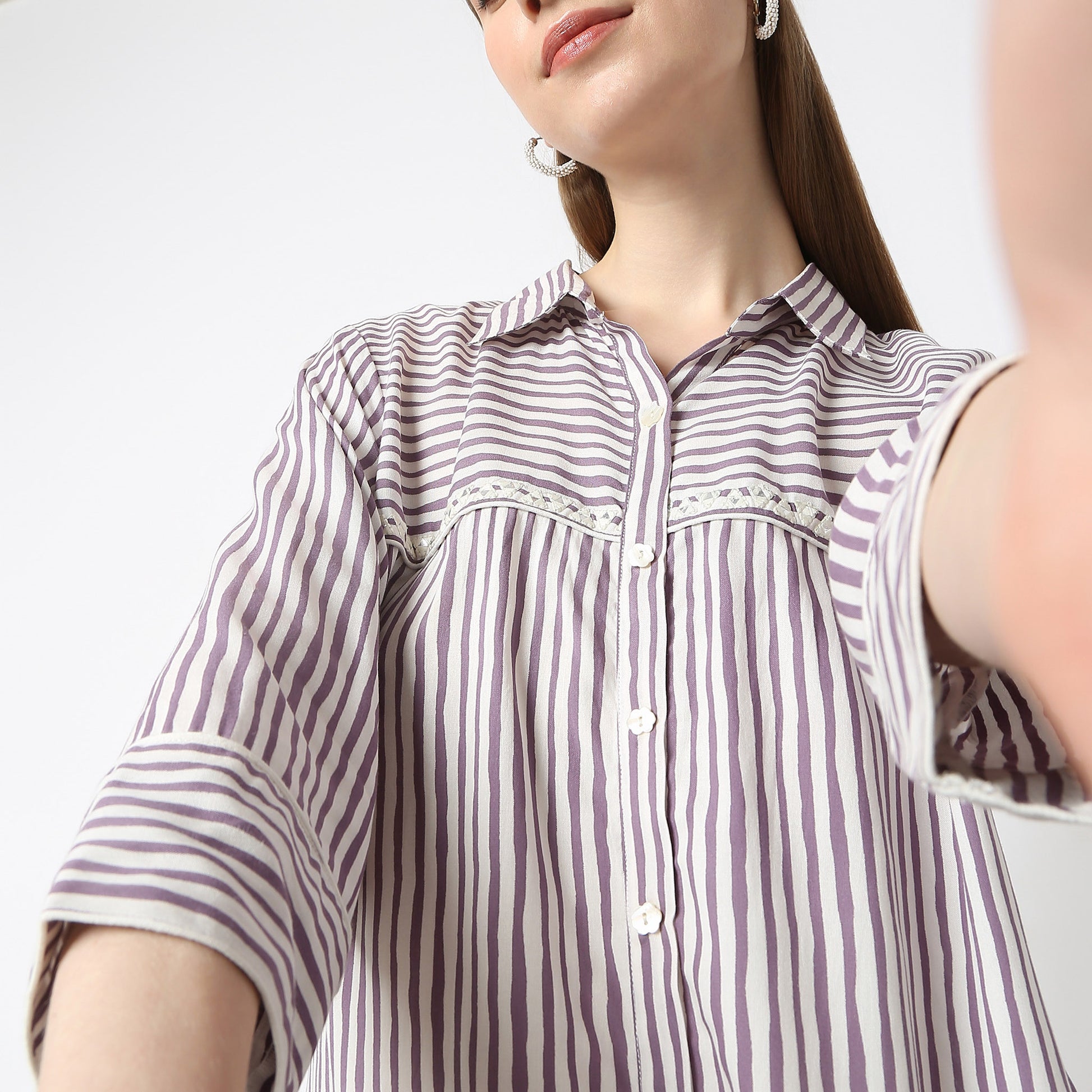 Striped Knee Length Coller Embroidered Straight Fit Kurta