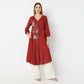 Embroidered Knee Length V-Neck Flared Whimsies A-Line Kurta
