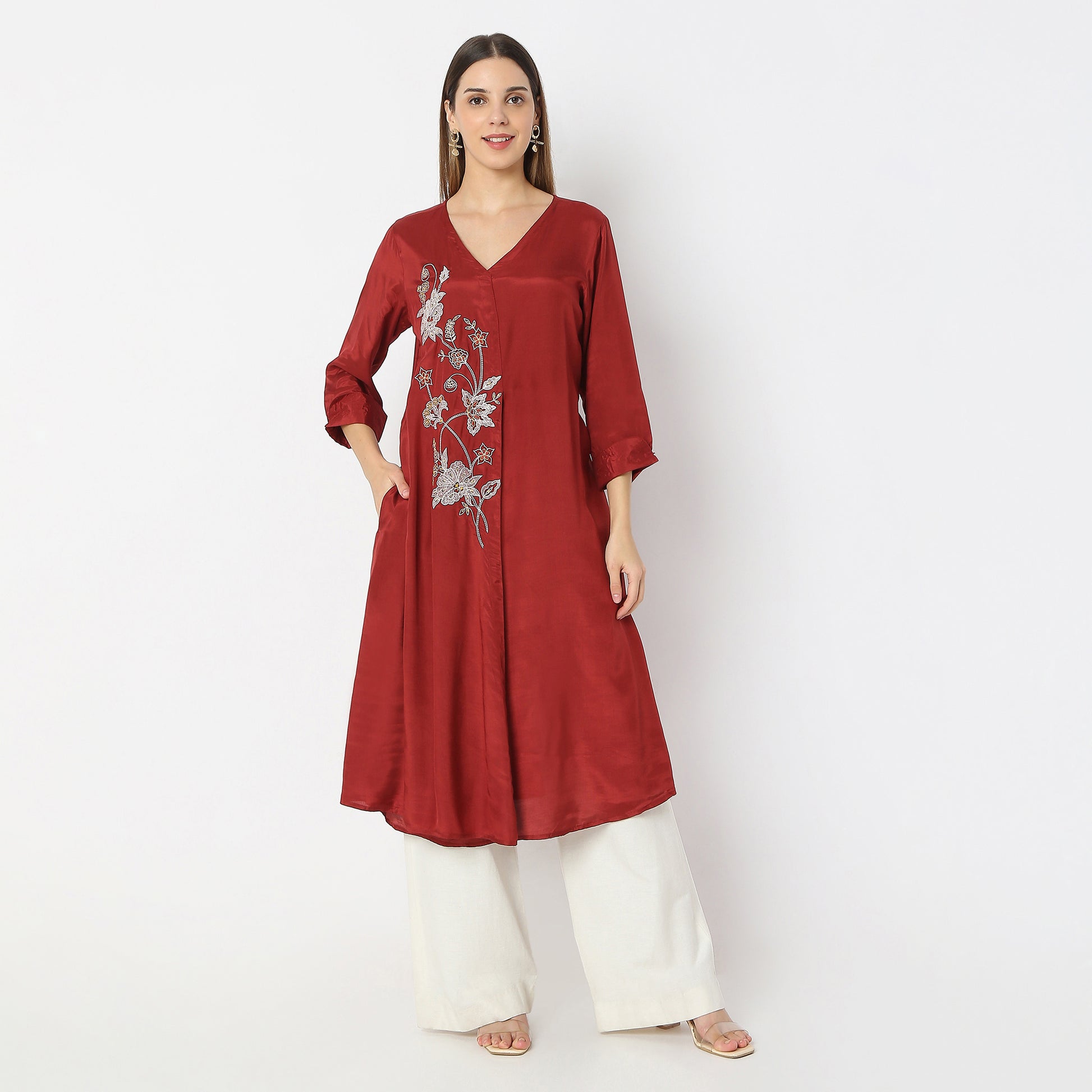 Embroidered Knee Length V-Neck Flared Whimsies A-Line Kurta