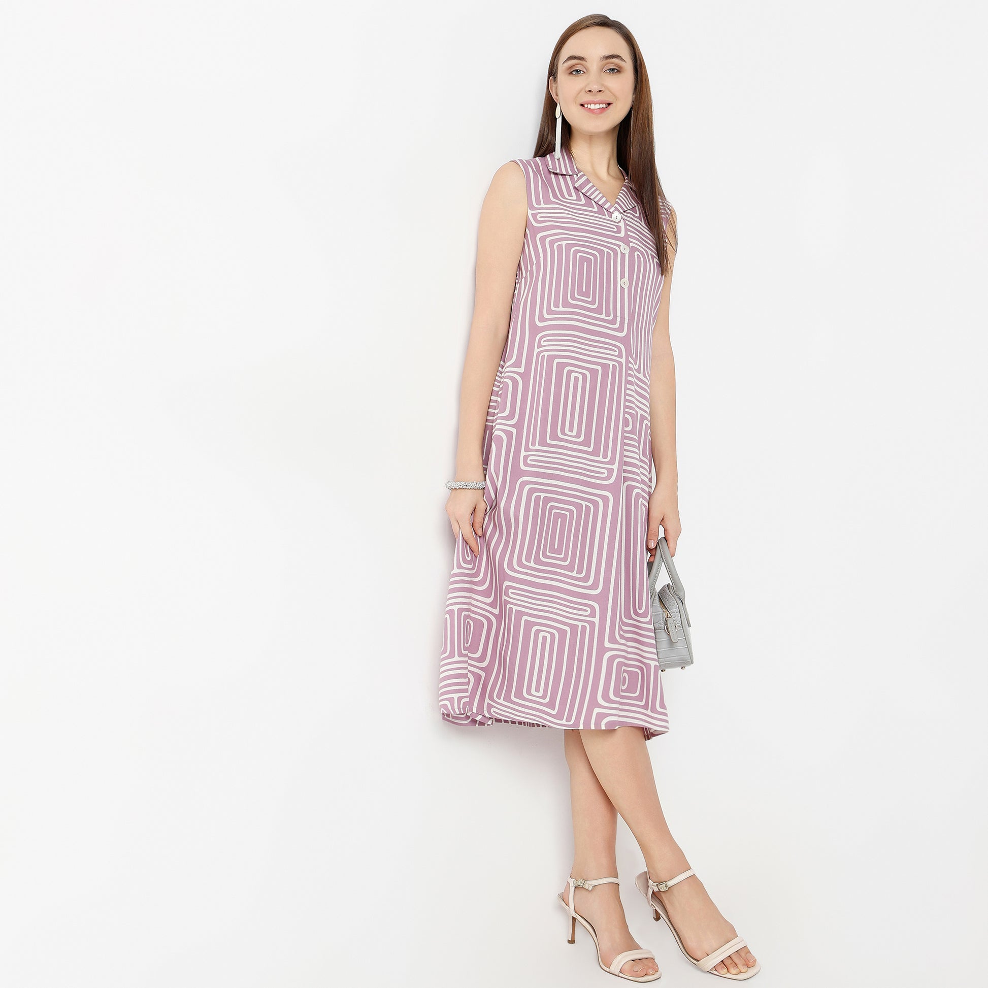 Flare Fit Printed Lapel Collar Dress