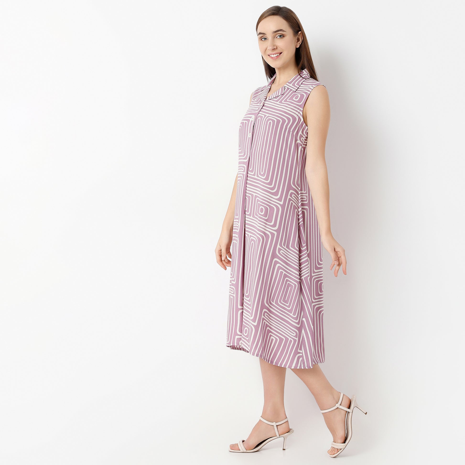 Flare Fit Printed Lapel Collar Dress