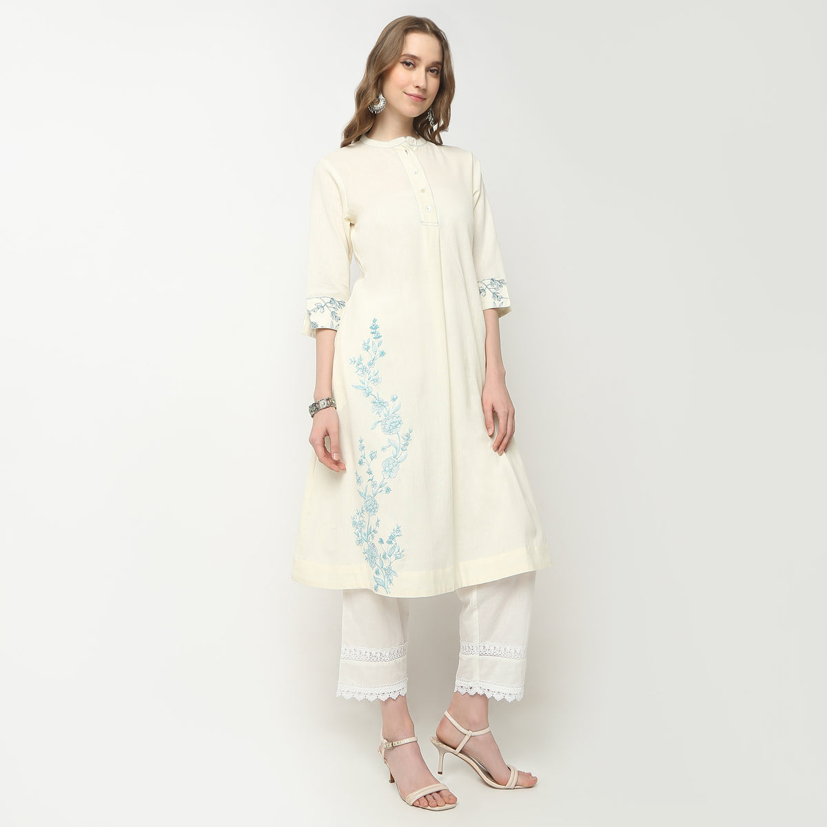 Flare Fit Embroidered Band Collar Kurta