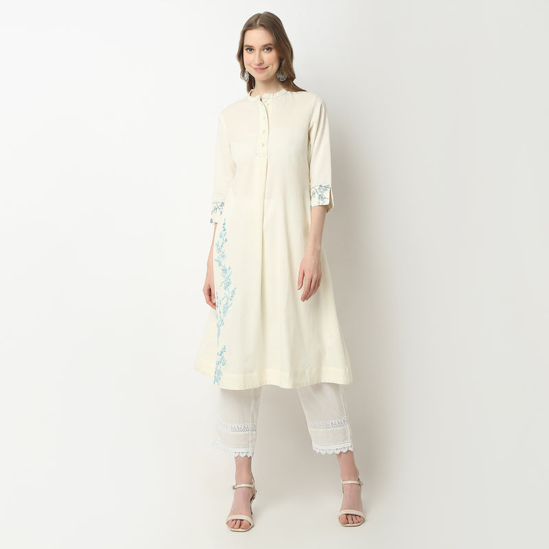 Flare Fit Embroidered Band Collar Kurta