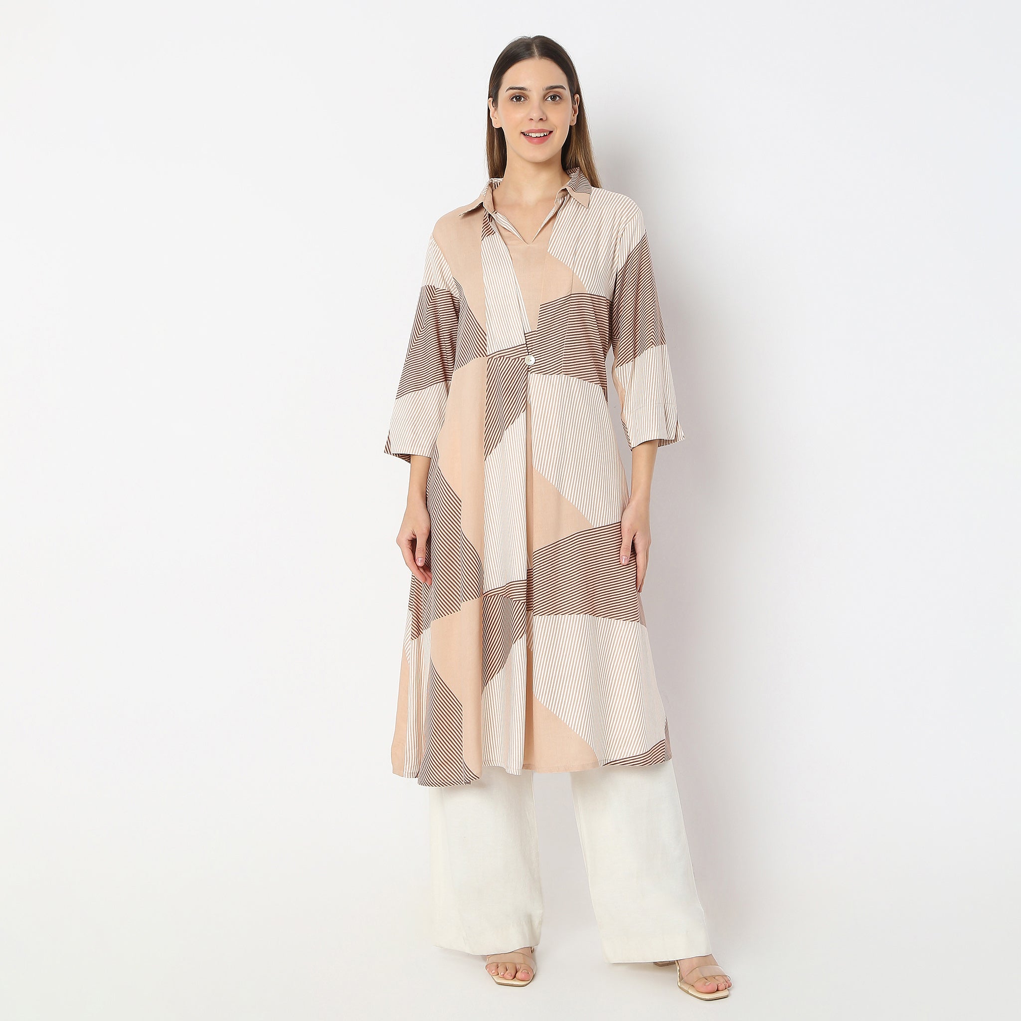 Printed Below Knee Shirt Collar Sand Dunes Flared Kurta