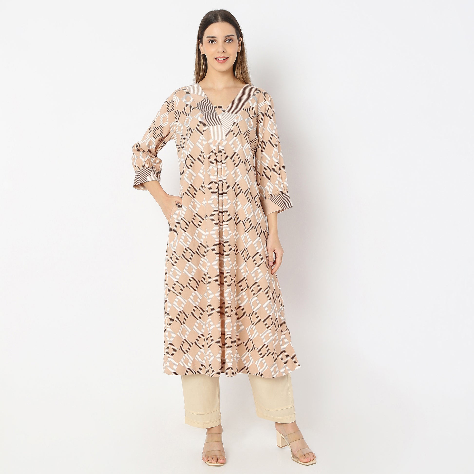 Prinetd Below Knee V-Neck Sand Dunes Flared Kurta