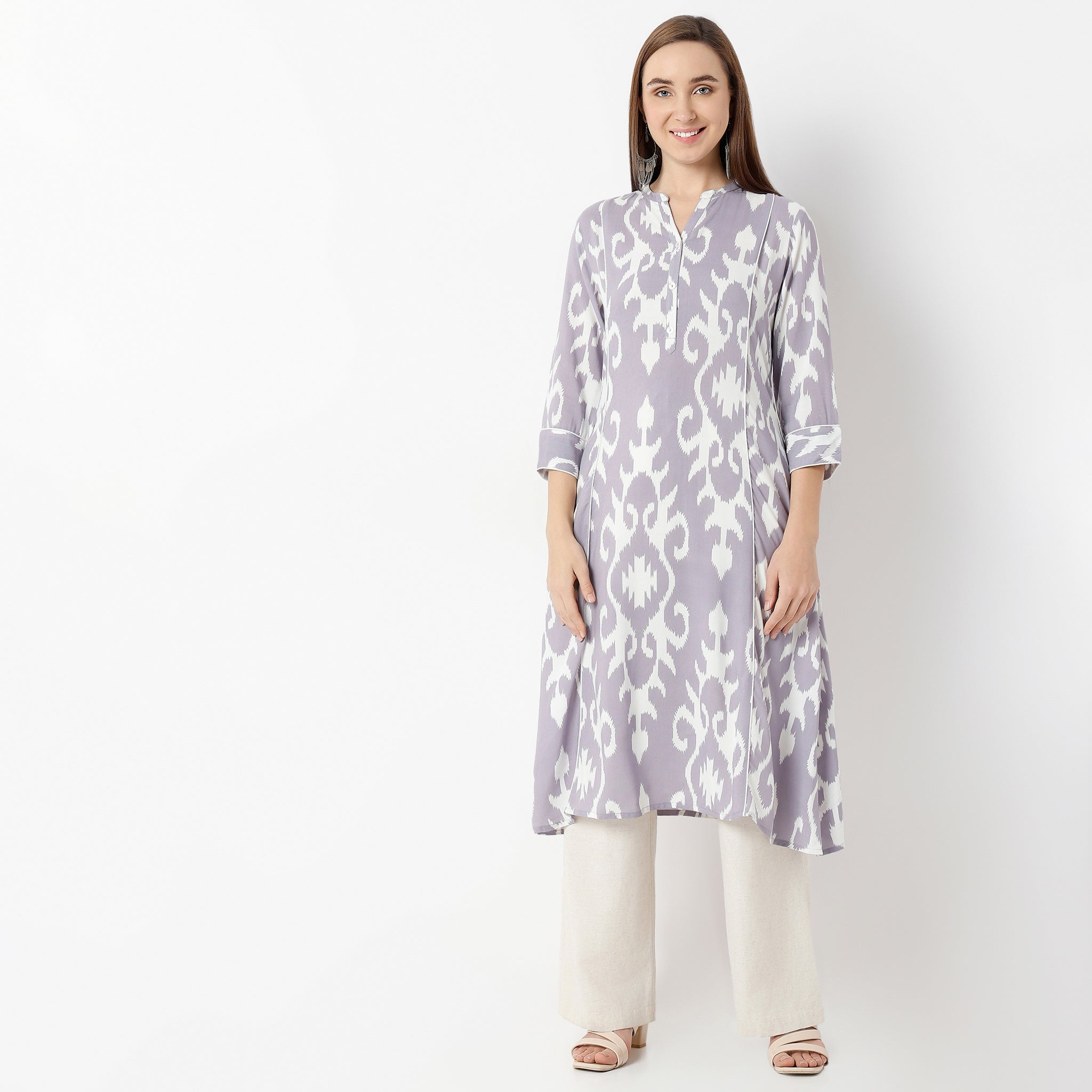 Flare Fit Printed Band Collar Kurta