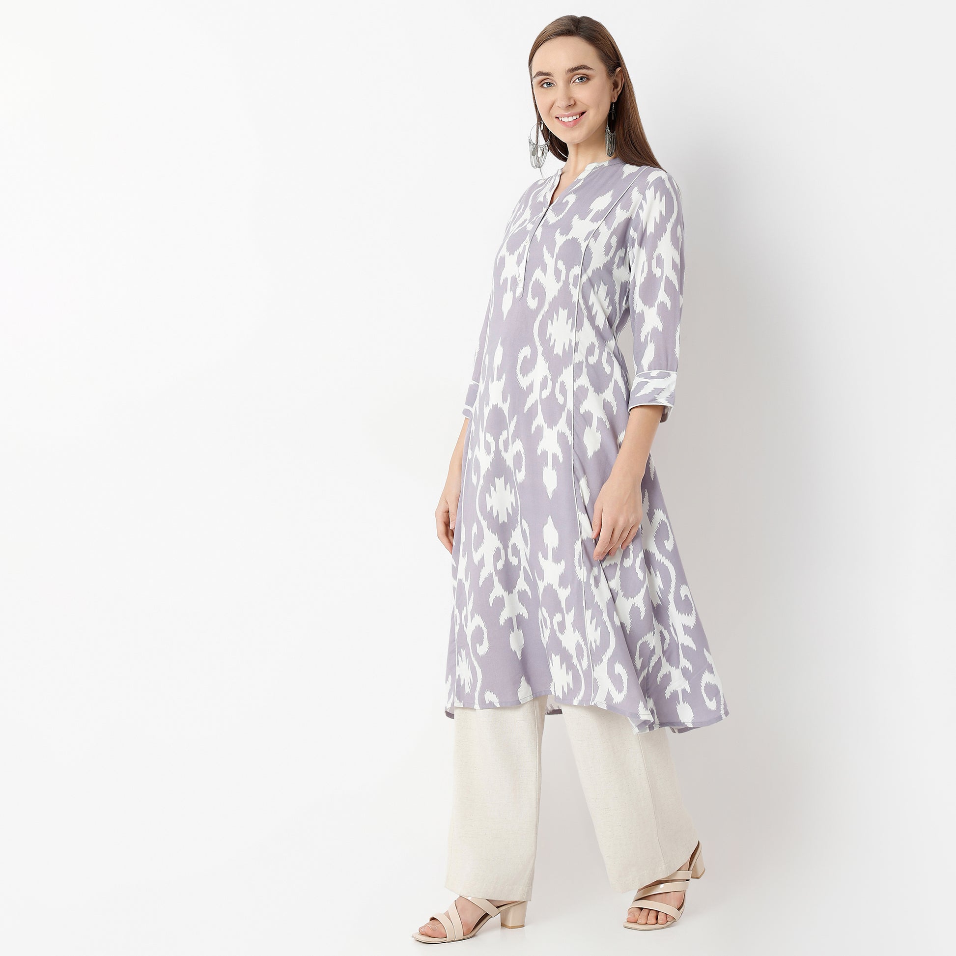 Flare Fit Printed Band Collar Kurta