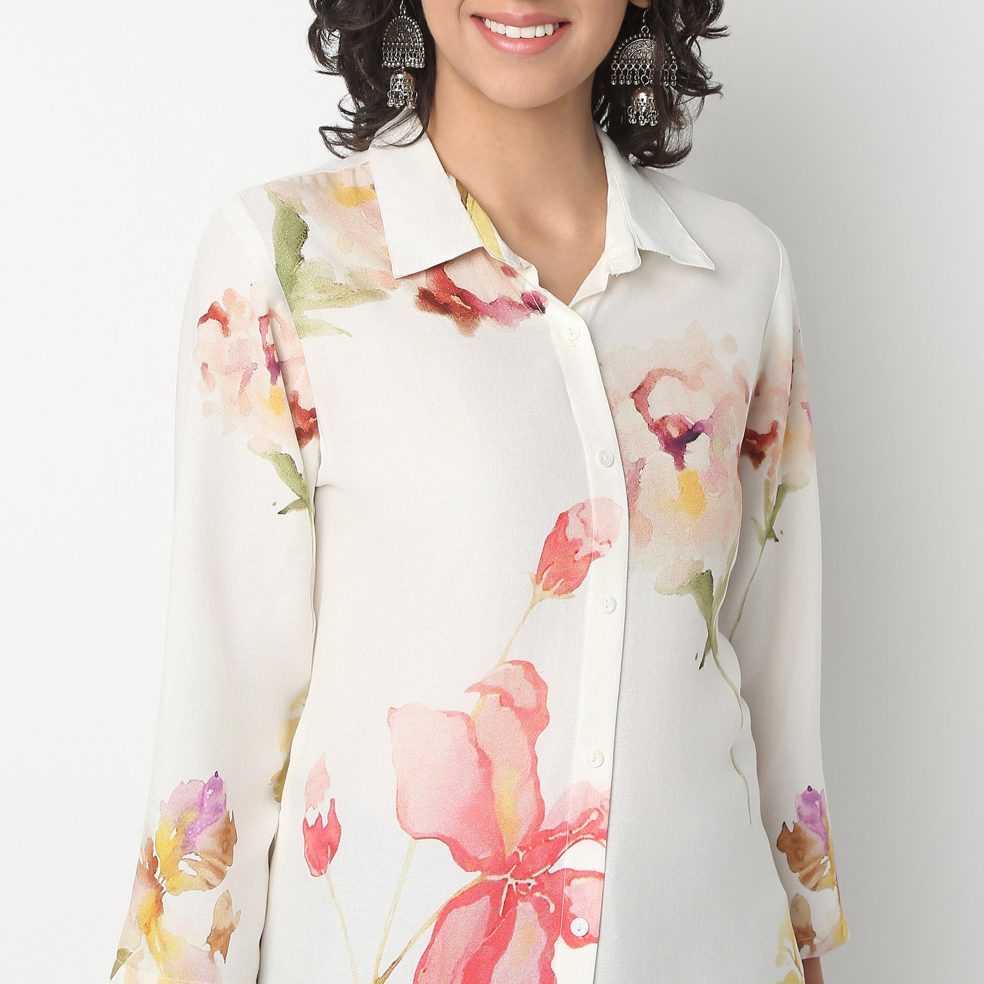 Above Knee Three-Fourth Sleeve Shirt Collar Flare Fit Printed Kurta