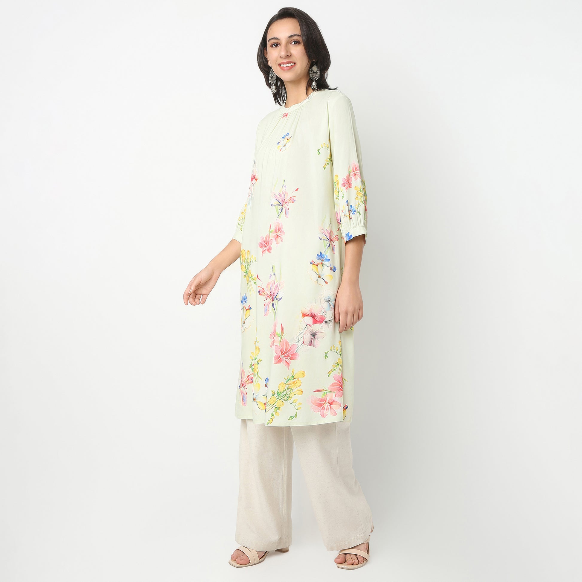 Flare Fit Printed Band Neck Kurta