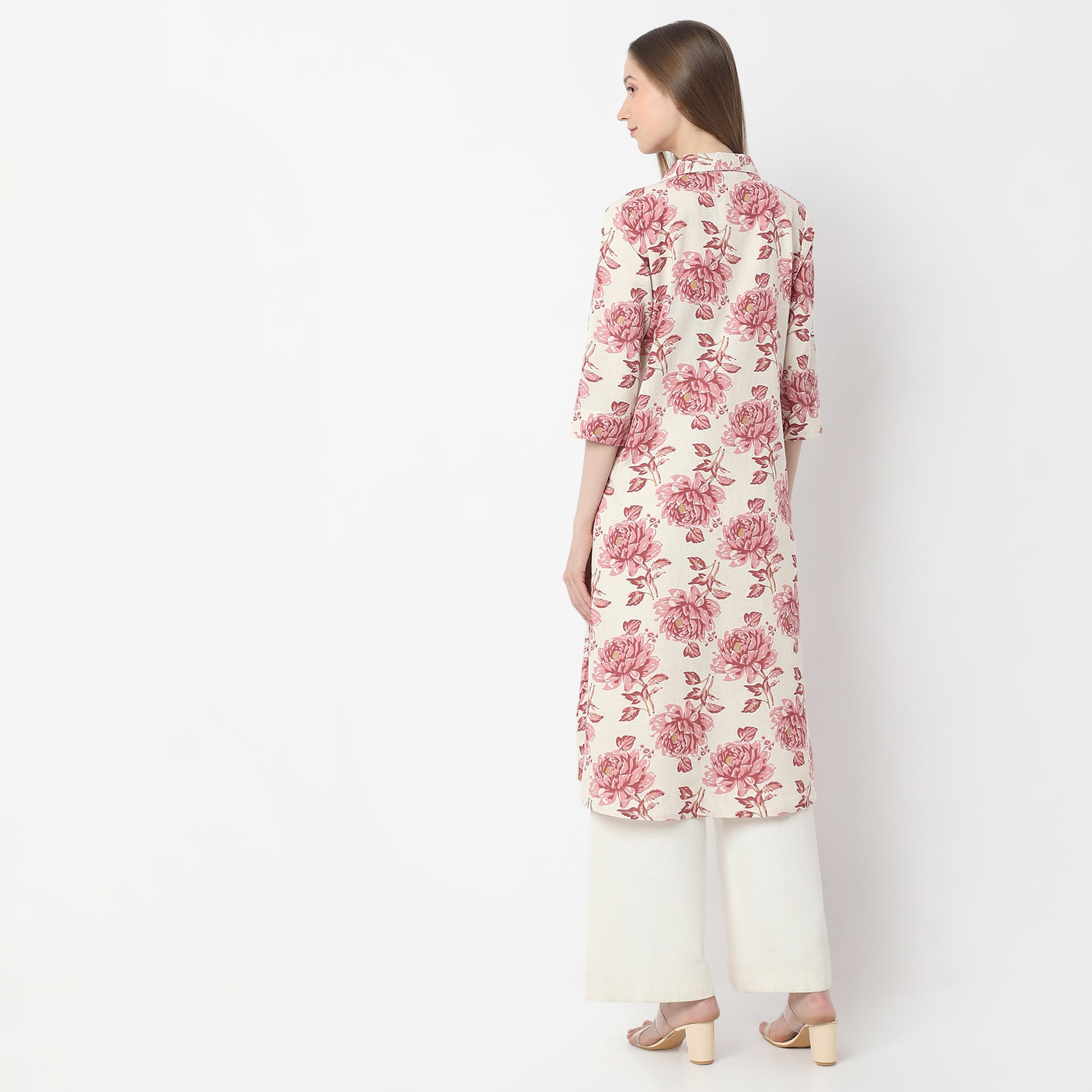 Floral Print Below Knee Shirt Collar Flared Kurta
