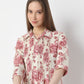 Floral Print Below Knee Shirt Collar Flared Kurta