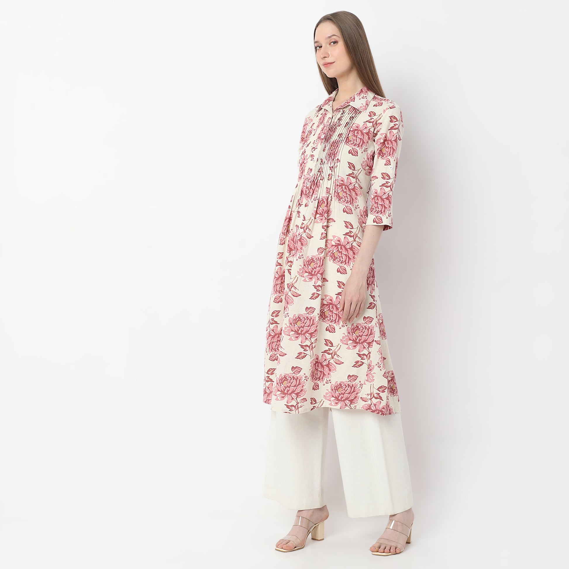 Floral Print Below Knee Shirt Collar Flared Kurta