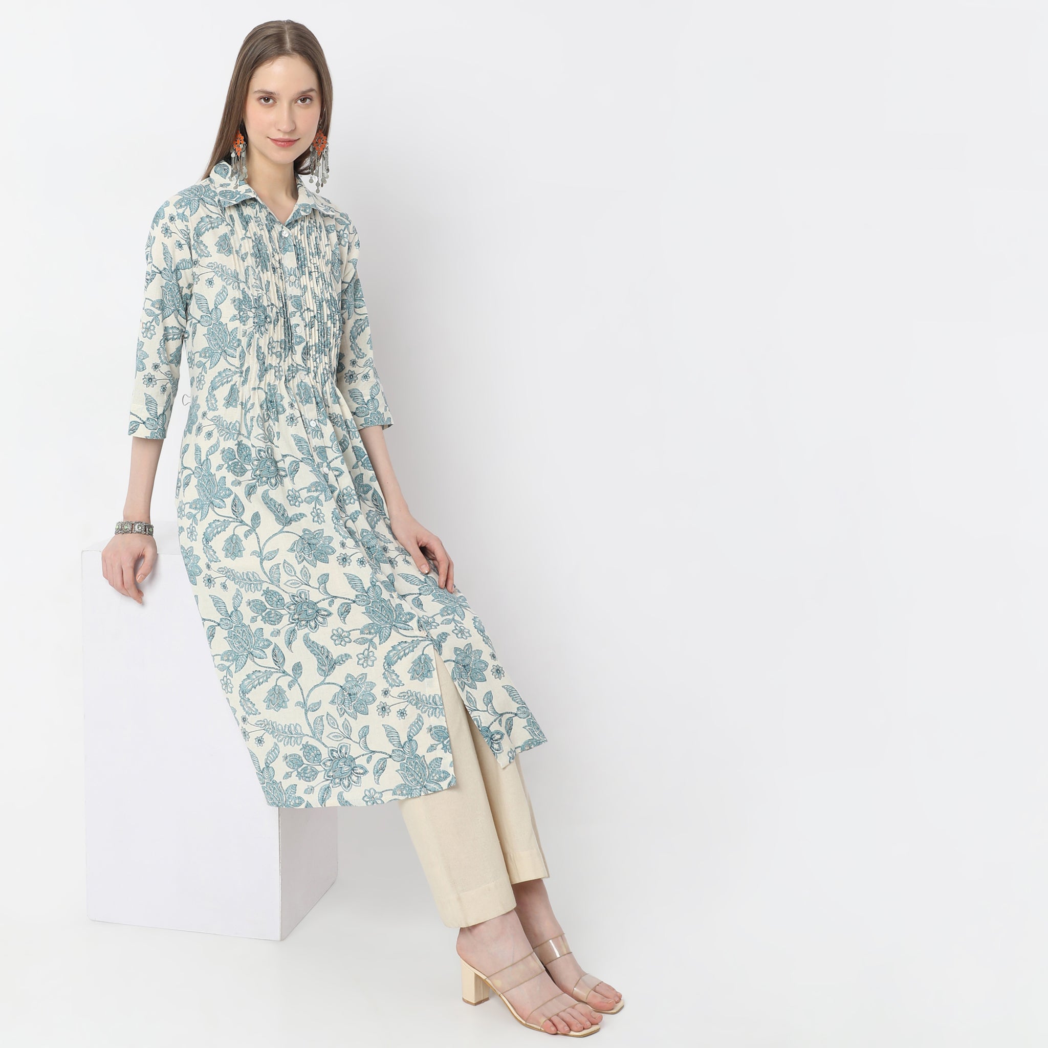 Printed Below Knee Shirt Collar Flared Kurta