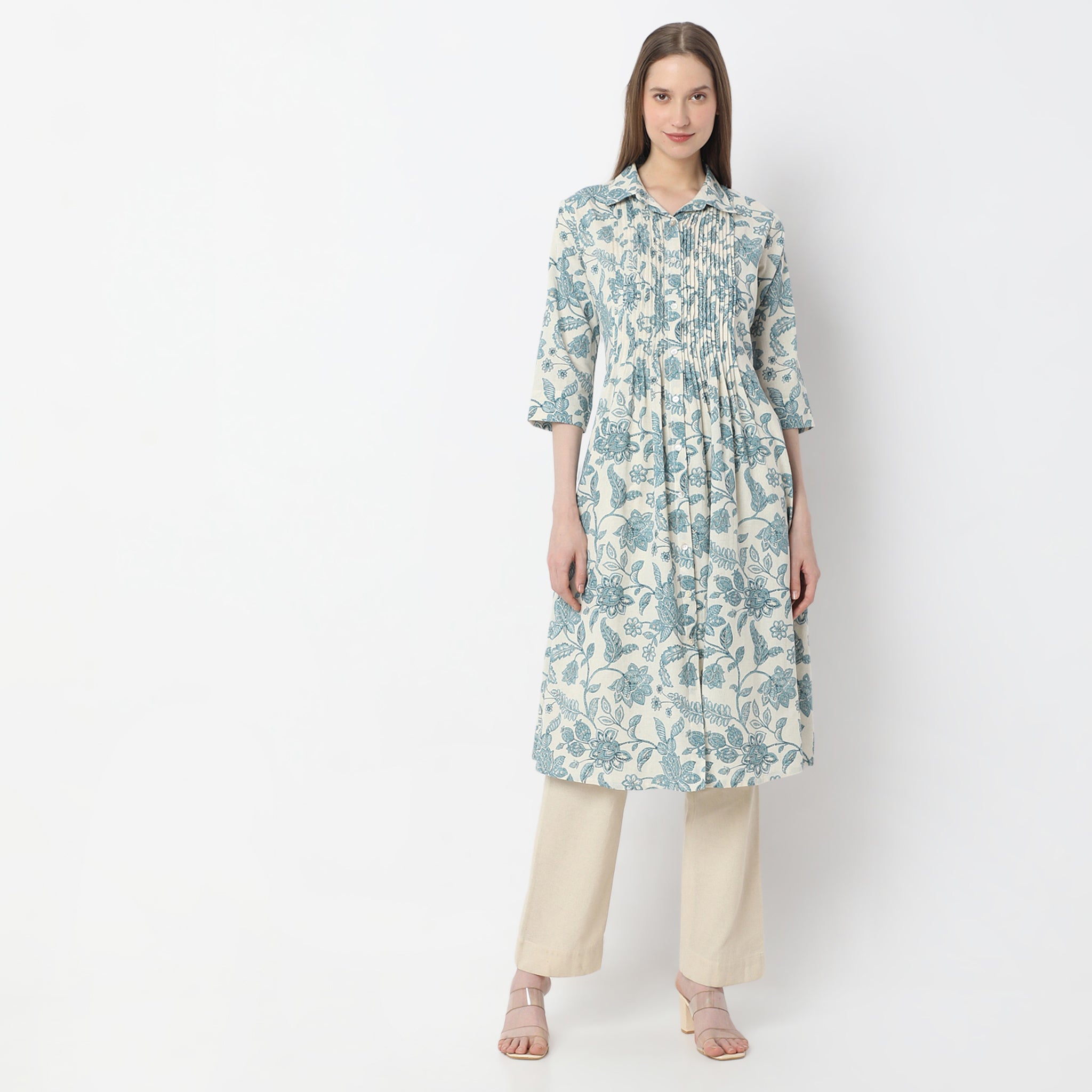 Printed Below Knee Shirt Collar Flared Kurta