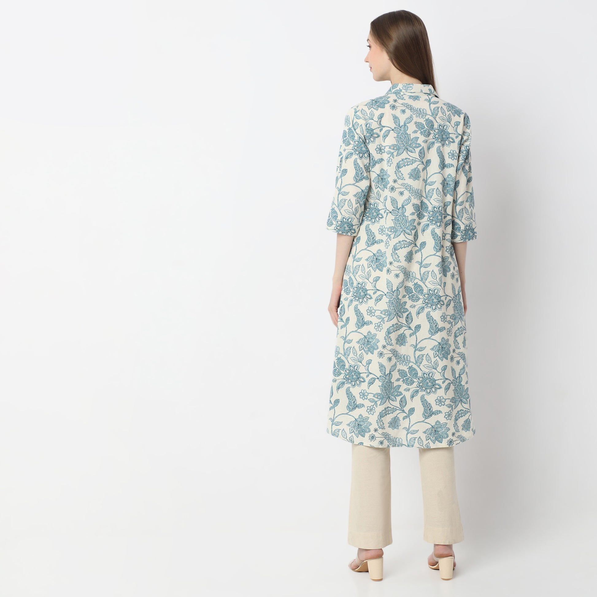 Printed Below Knee Shirt Collar Flared Kurta