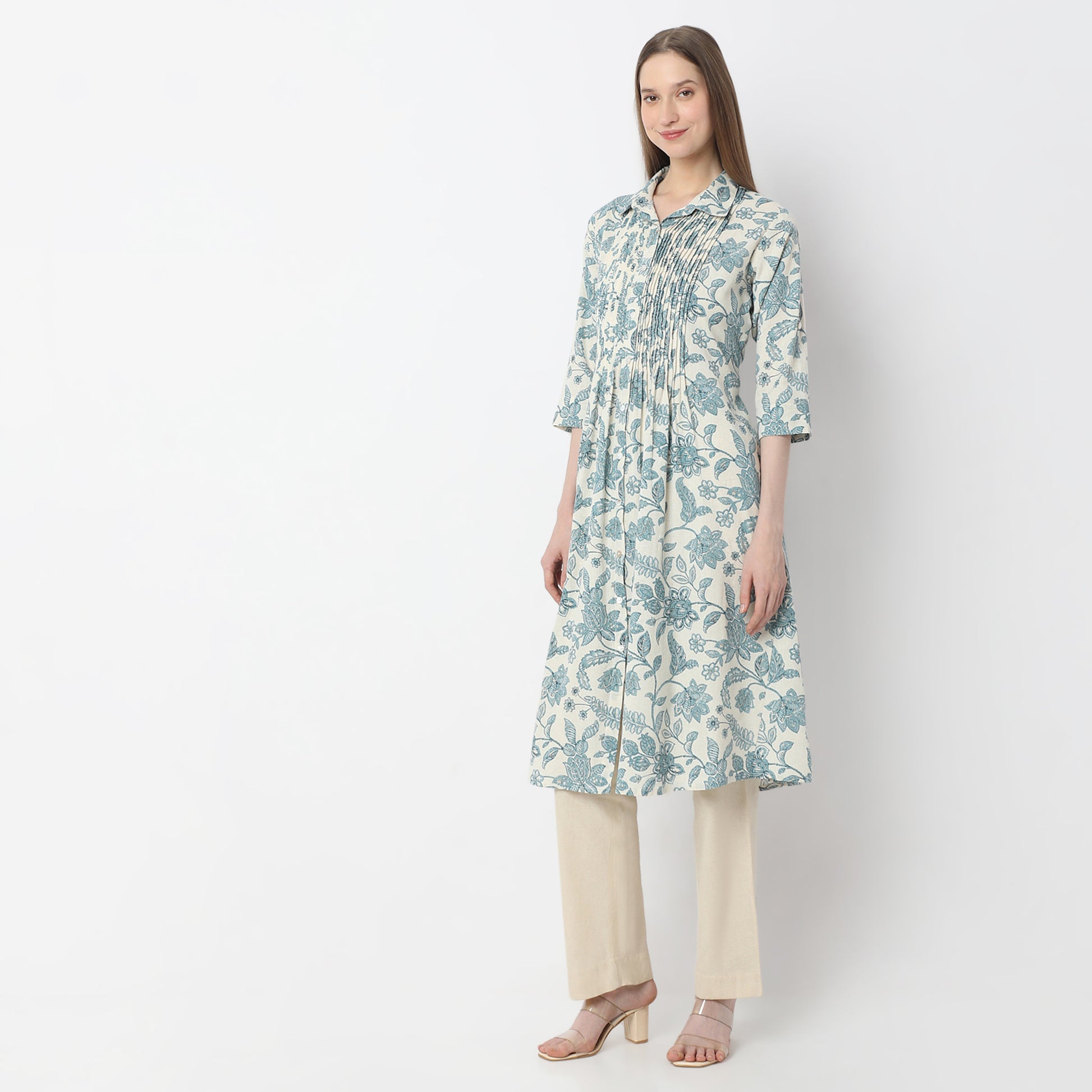 Printed Below Knee Shirt Collar Flared Kurta